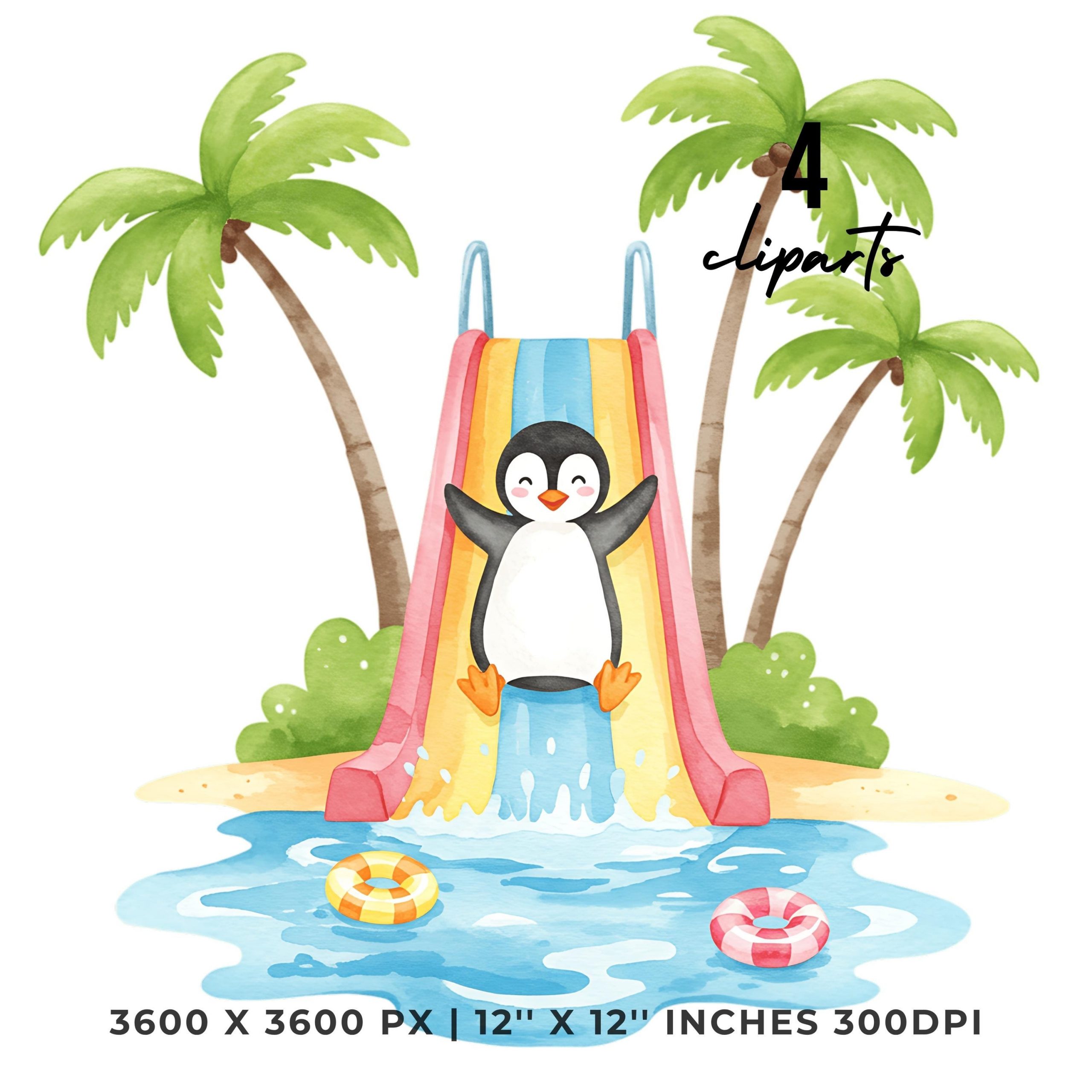 Summer Penguin Clipart PNG | 4 Watercolor Penguin sliding down a water slide into a pool | Sublimation Commercial Use – Instant Digital Download