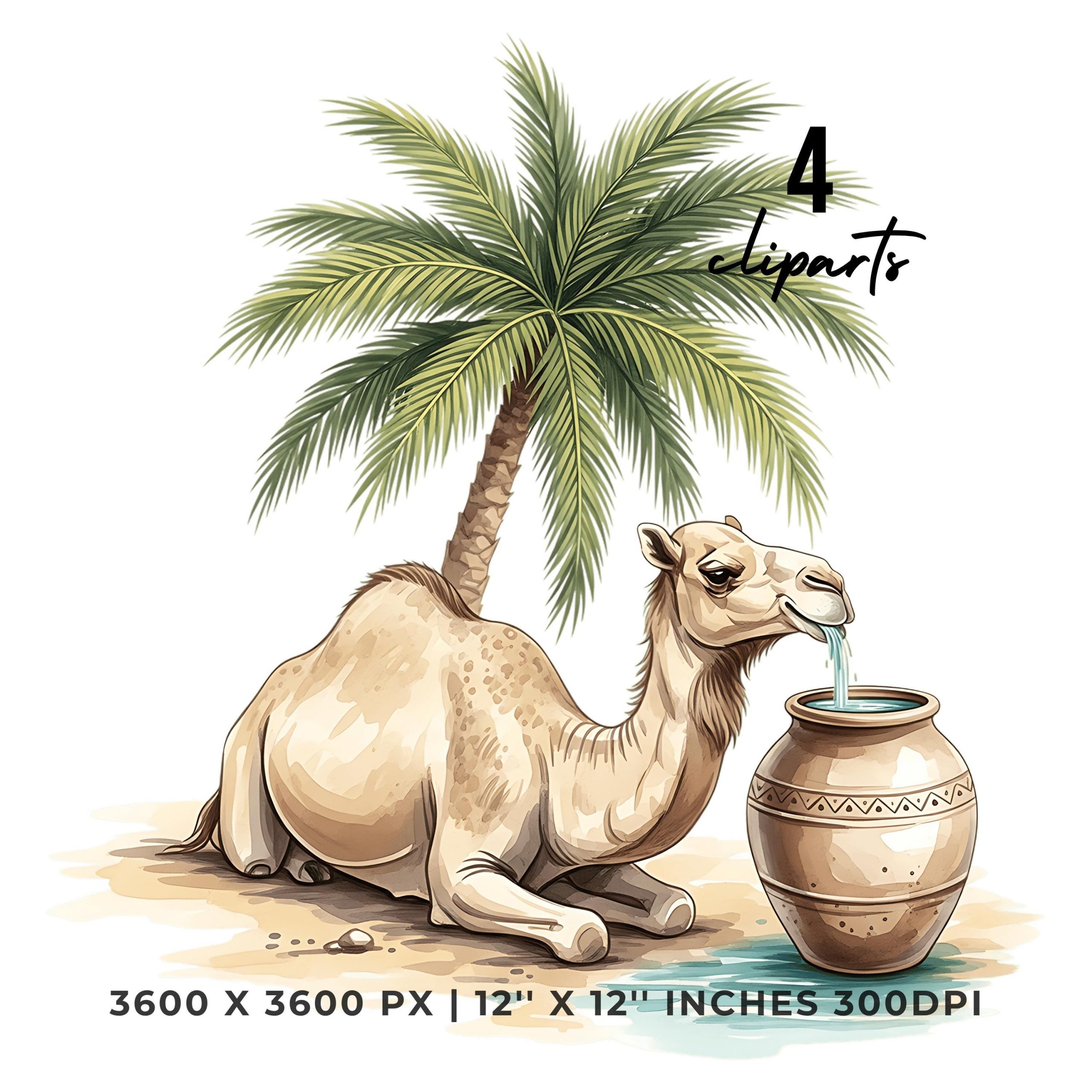 Summer Camel Clipart PNG | 4 Watercolor Camel resting in the desert beside a palm tree, sipping cool water | Sublimation Commercial Use – Instant Digital Download