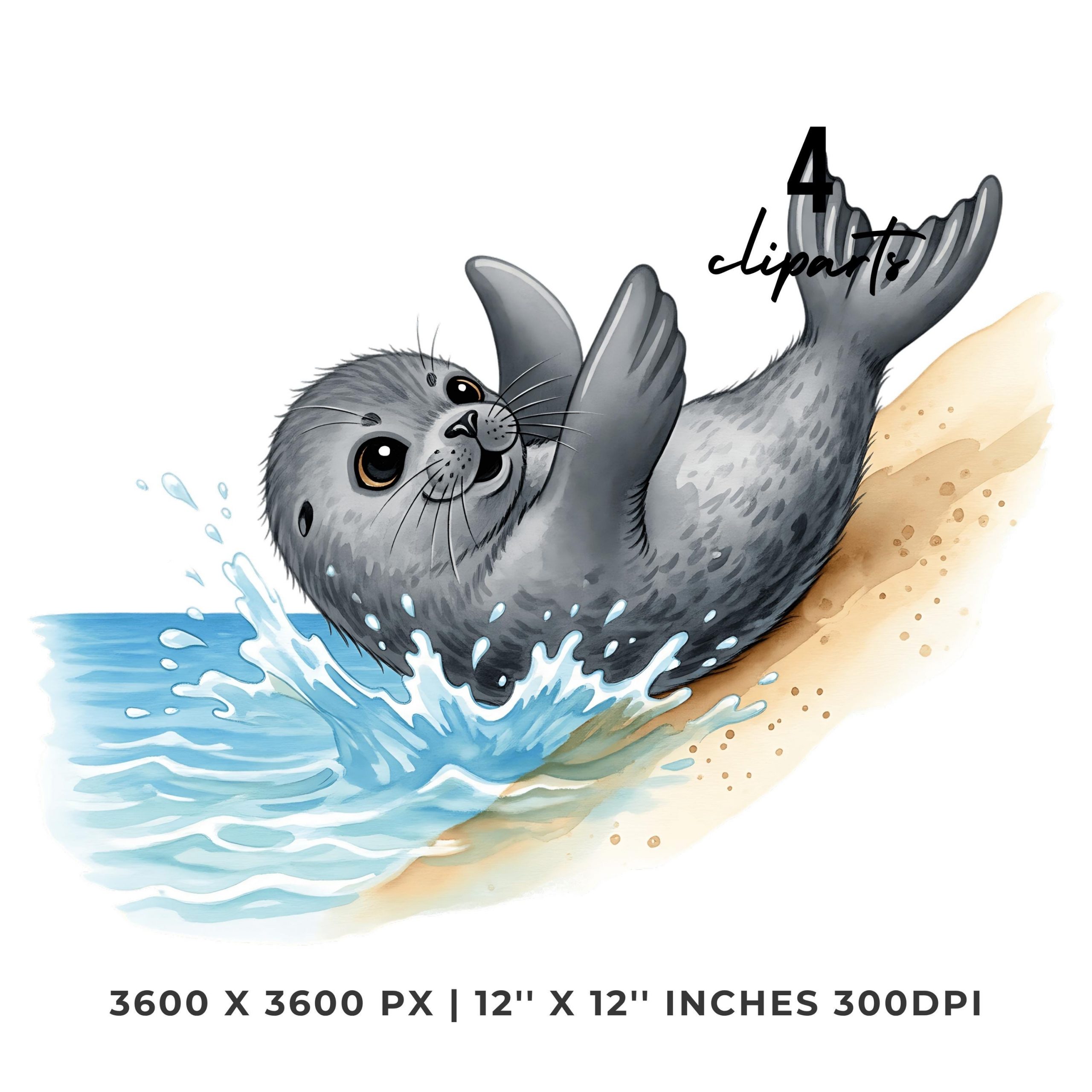 Summer Seal Clipart PNG | 4 Watercolor Happy Baby Seal sliding a sandy dune into the sea, clapping its fins | Sublimation Commercial Use – Instant Digital Download