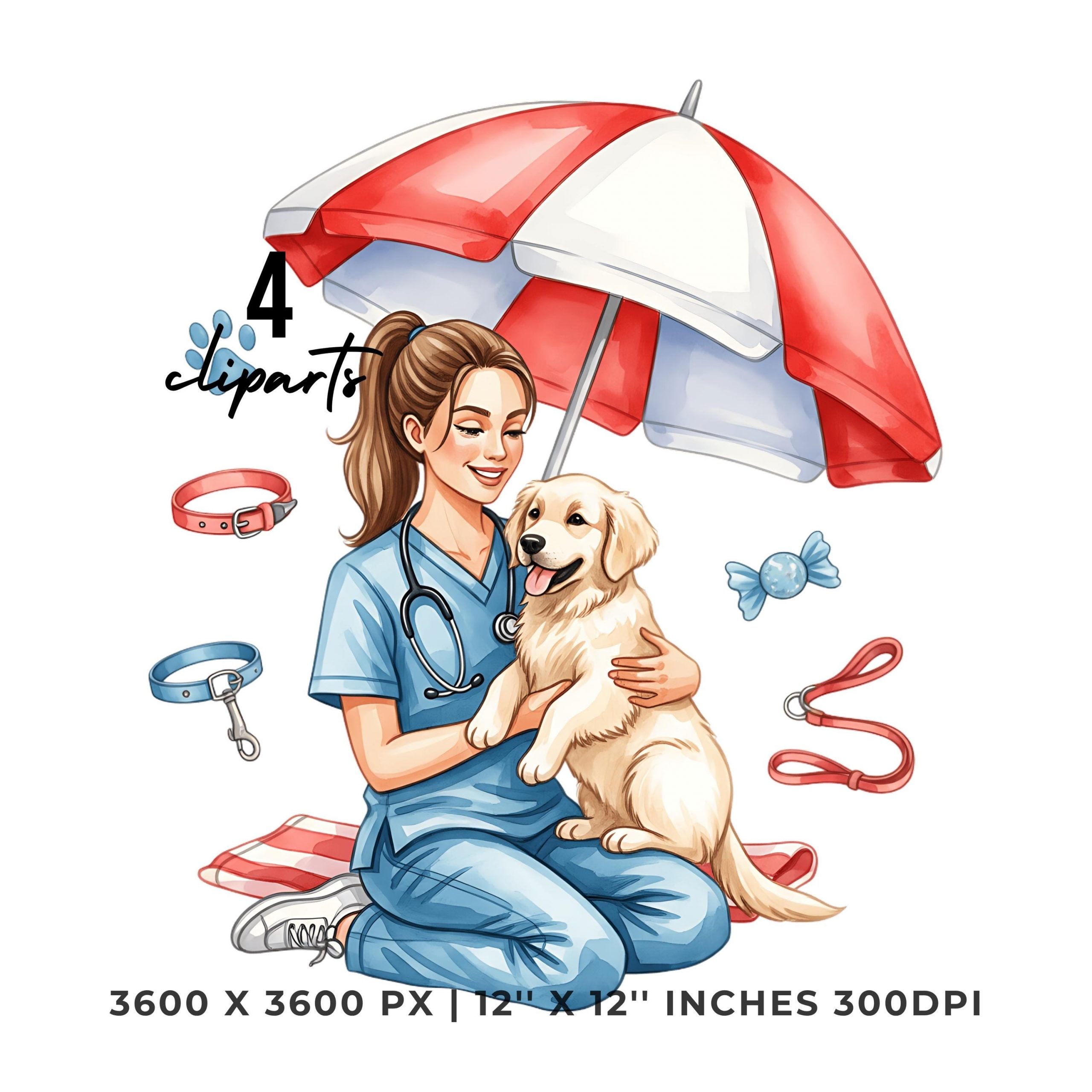 Veterinarian with Puppy Clipart Set | Vet in Scrubs Dog Art | 4 PNG & 4 JPG | Sublimation Design | 12″x12″ 300DPI Graphic Commercial Use – Instant Digital Download