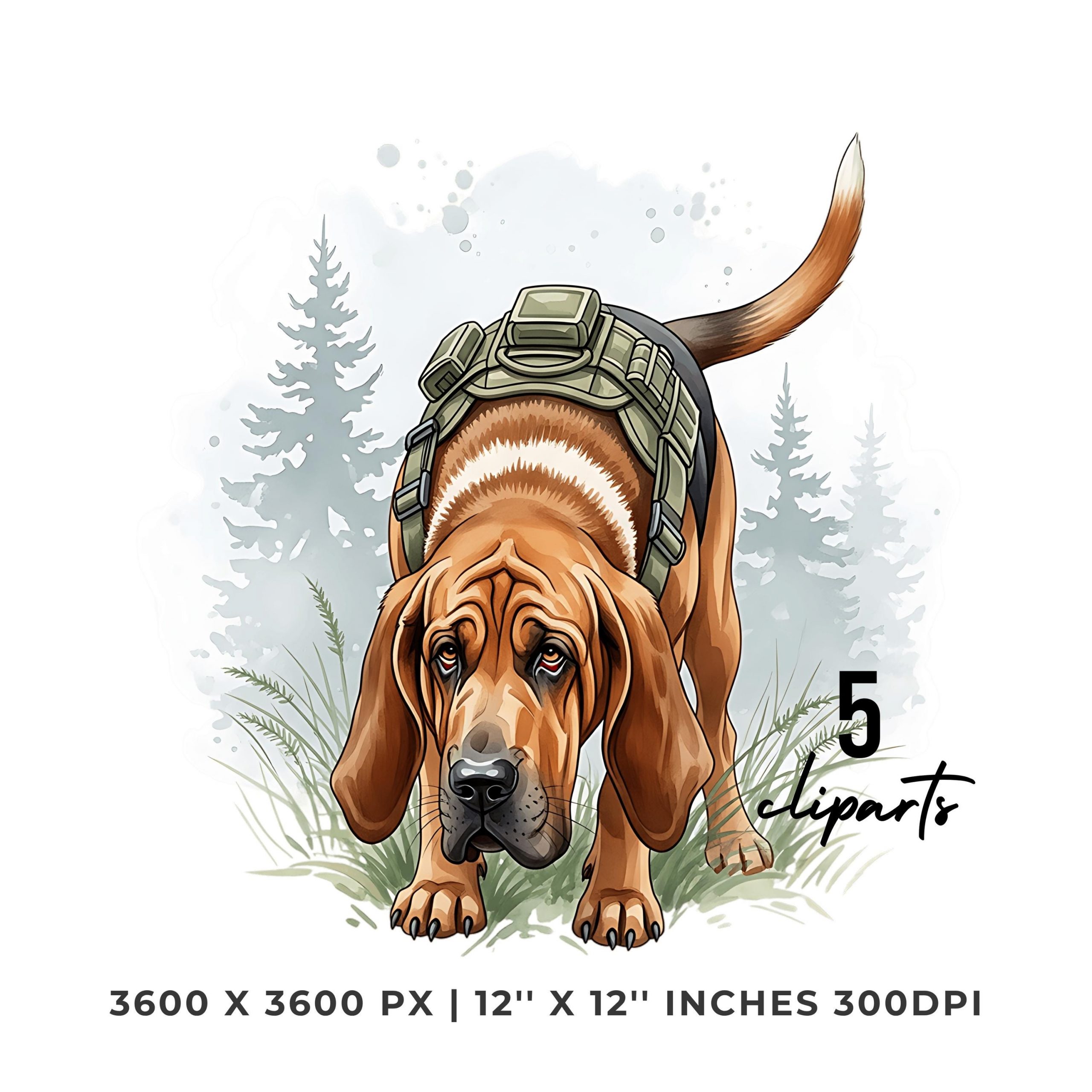 Bloodhound Hunting | Dog Clipart | Forest Tracking Art | Dog walking Forest ! 5 PNG & 5 JPG Sublimation Transparent Hi-Res Commercial Use – Instant Digital Download
