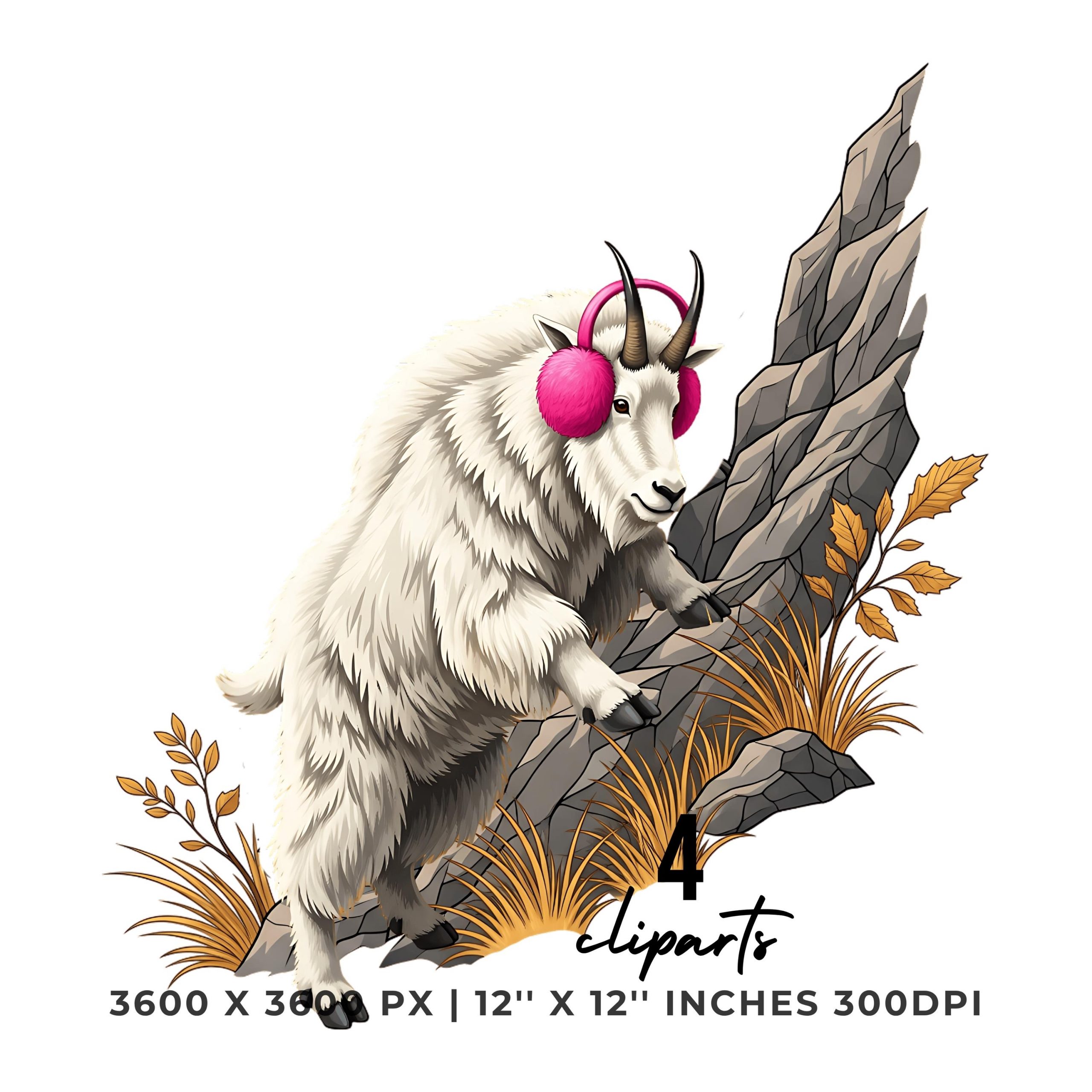 Mountain Goat Clipart | Autumn Earmuffs Rock Climbing Goat Art | 4 PNG & 4 JPG | Sublimation Transparent Commercial Use – Instant Digital Download