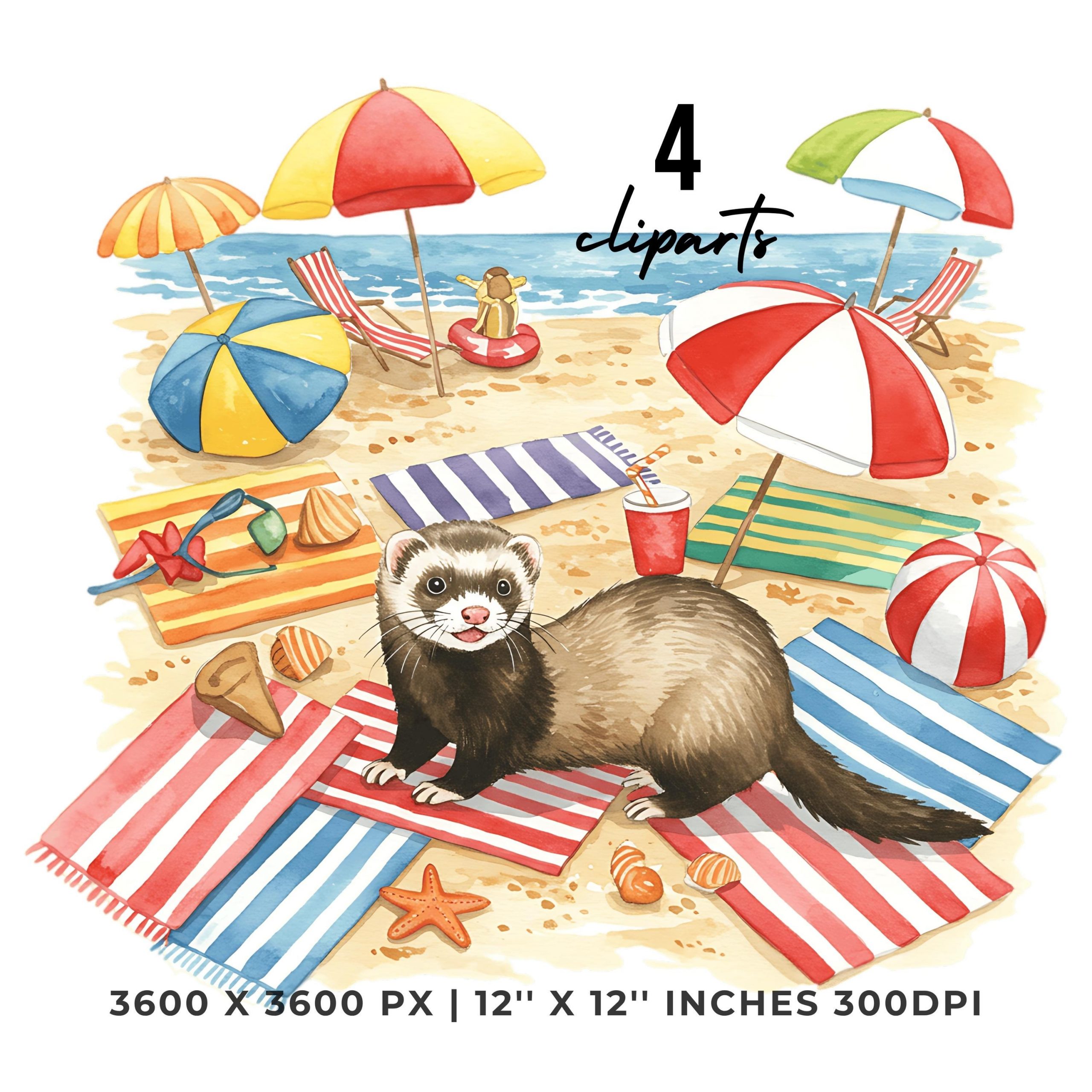 Summer Ferret Clipart PNG | 4 Watercolor Ferret playing among beach towels & umbrellas on a crowded sunny beach | Sublimation Commercial Use – Instant Digital Download