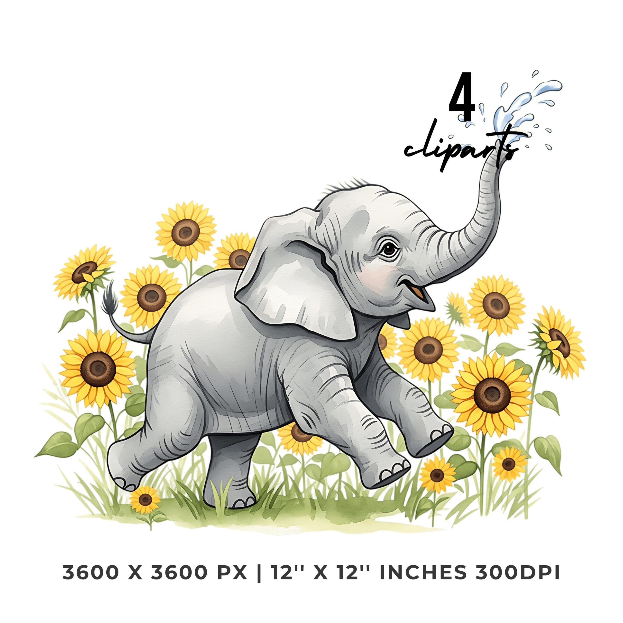 Elephant Clipart PNG | 4 Watercolor Baby Elephant running through sunflowers, splashing water from its trunk | Sublimation Commercial Use – Instant Digital Download