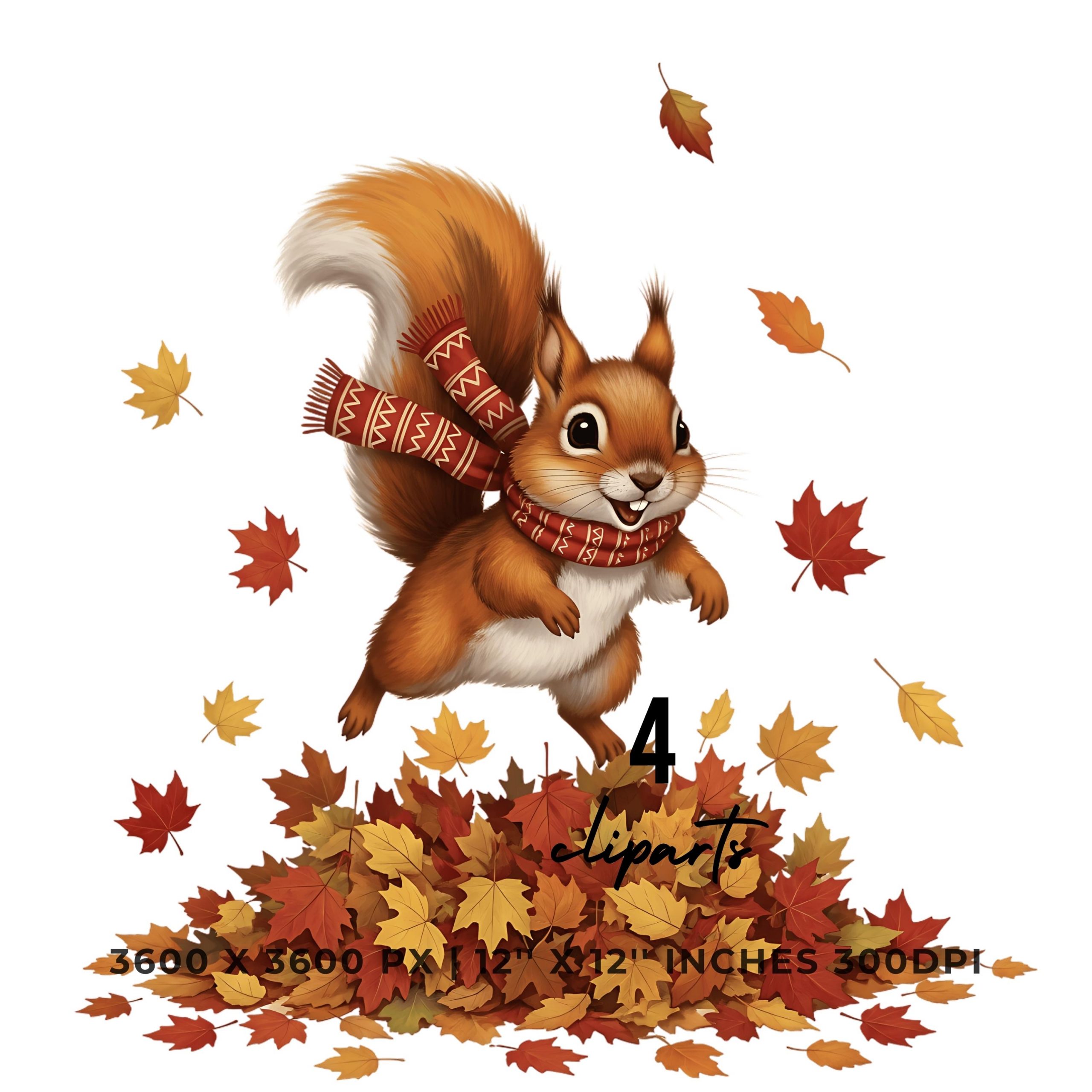 Squirrel Jumping in Fall Leaves Clipart | 4 PNG & 4 JPG | Sublimation Transparent Commercial Use – Instant Digital Download