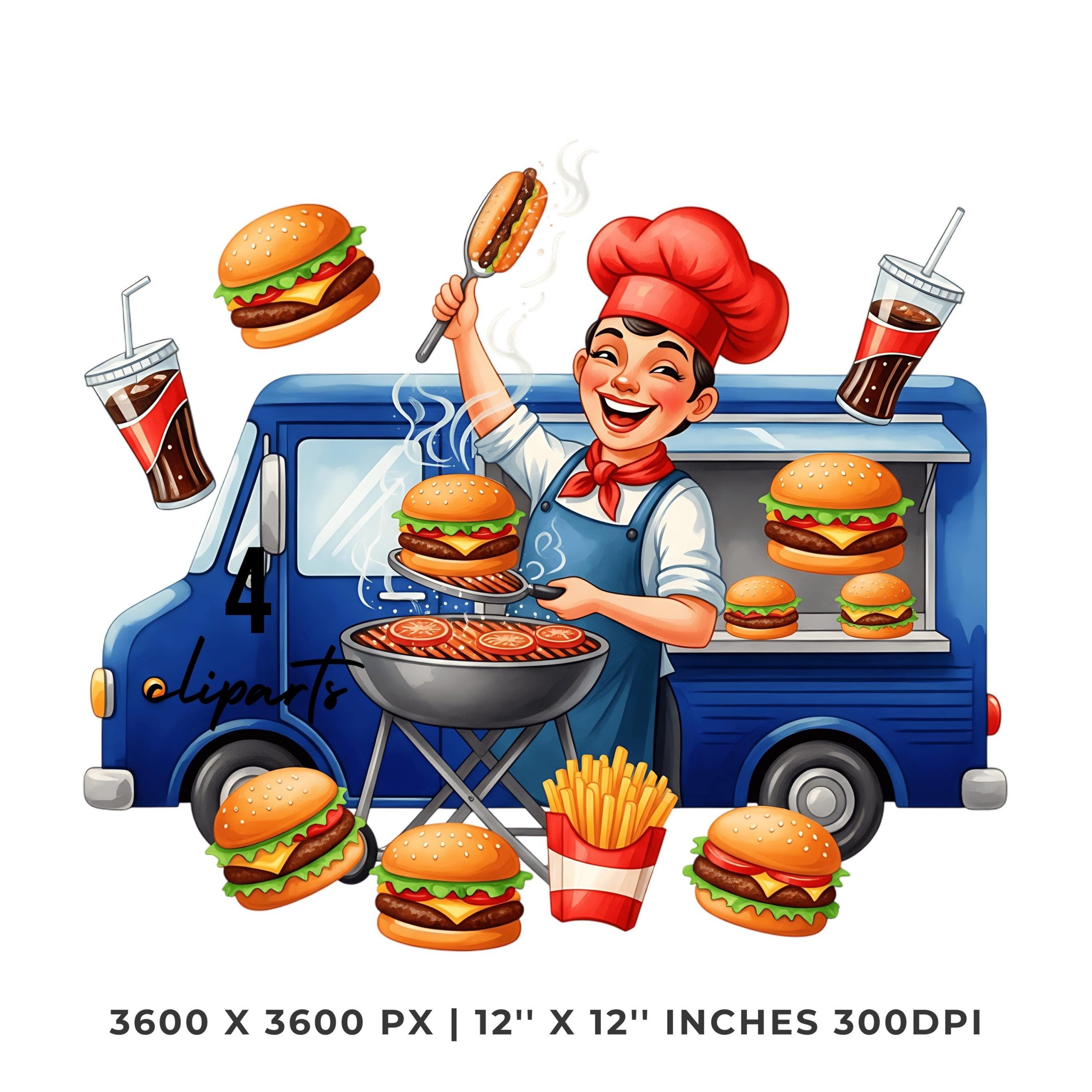 Street Food Worker PNG Clipart | Watercolor Fast Food Truck Worker surrounded by burger, fries & soda | 4 PNG – 4 JPG Graphic Commercial Use – Instant Digital Download