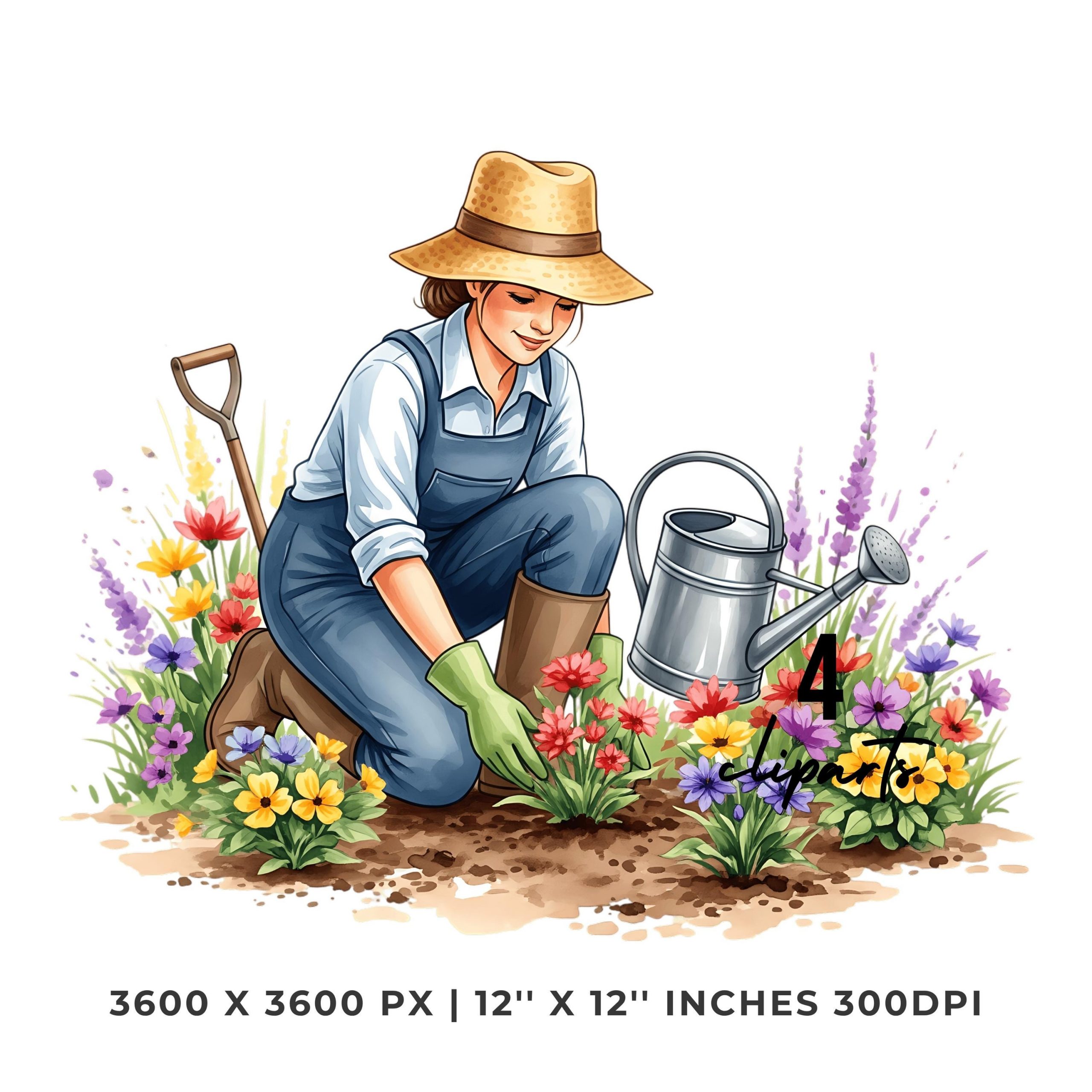 Flower Farm Workers PNG Clipart | Watercolor Gardener kneeling in flower beds | Florist worker | 4 PNG – 4 JPG Graphic Commercial Use – Instant Digital Download