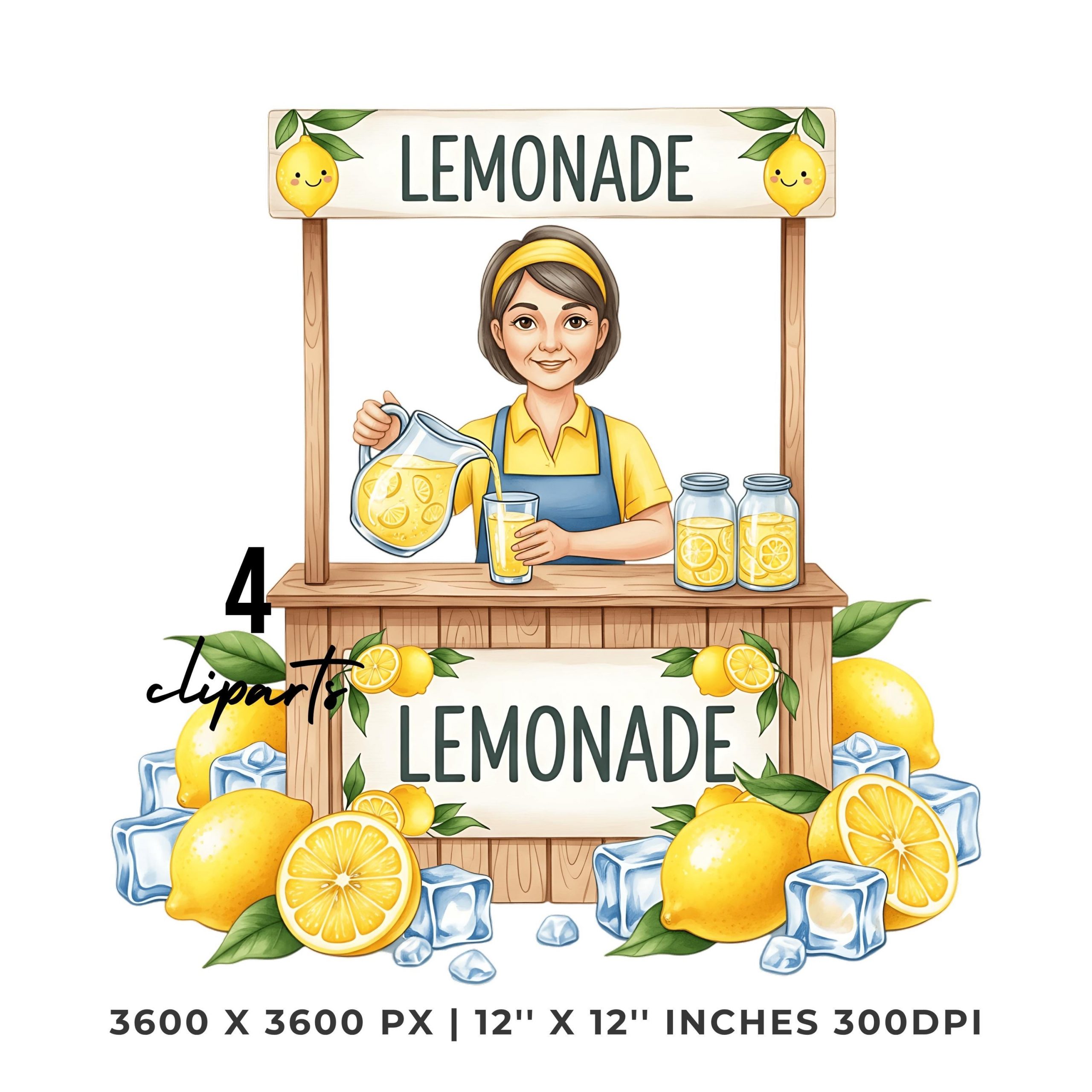 Lemonade Worker PNG Clipart | Watercolor Lemonade person, behind a stand with lemon | Lemonade Street Stand | 4 PNG – 4 JPG Commercial Use – Instant Digital Download