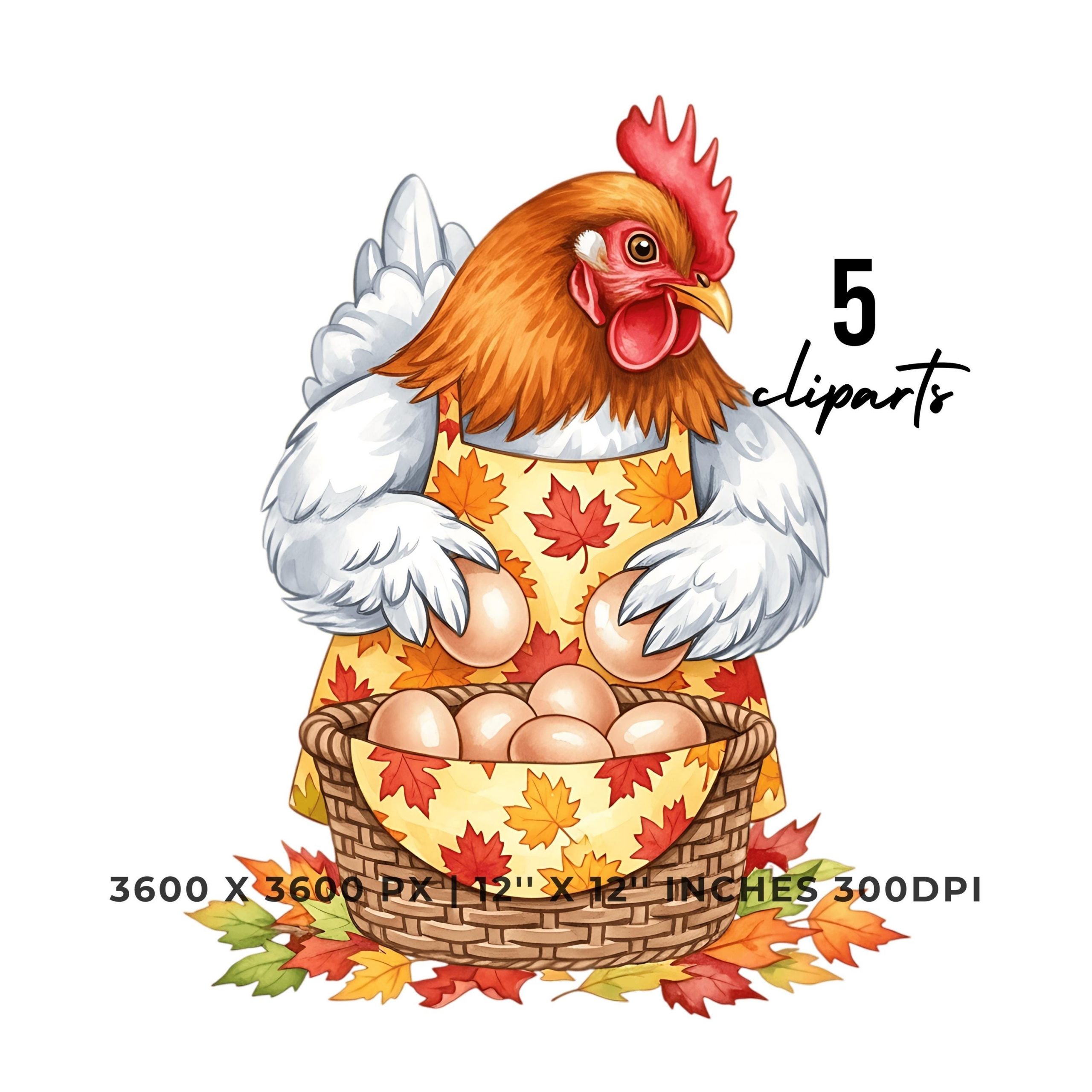 Fall Chicken Egg Basket Clipart | Hen in Apron | Autumn Farm Animal Art | 5 PNG – 5 JPG Sublimation Commercial Use – Instant Digital Download