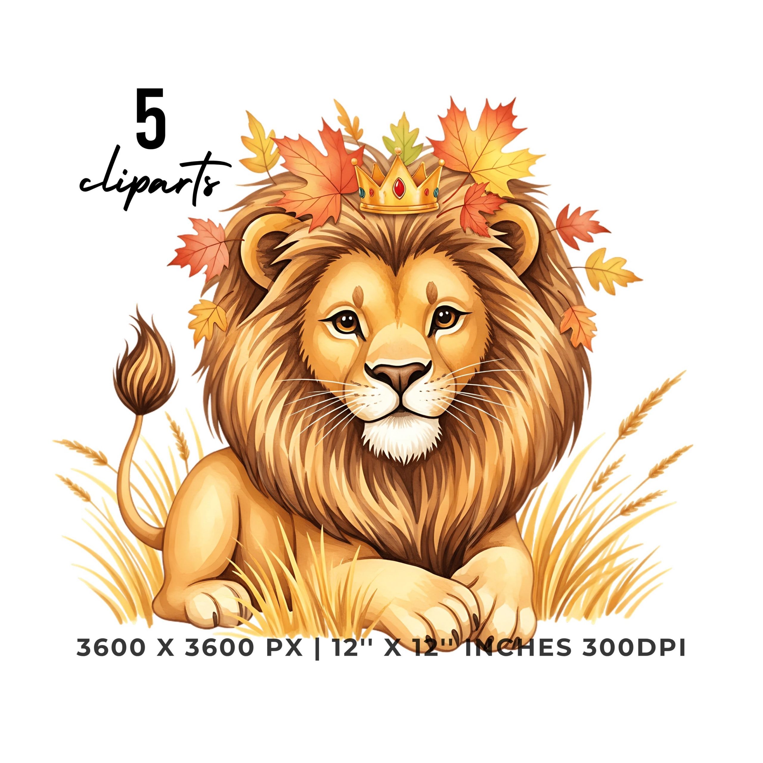 Lion Fall Leaves Clipart | Autumn Lion Illustration | 5 PNG & 5 JPG | Sublimation Transparent Commercial Use – Instant Digital Download