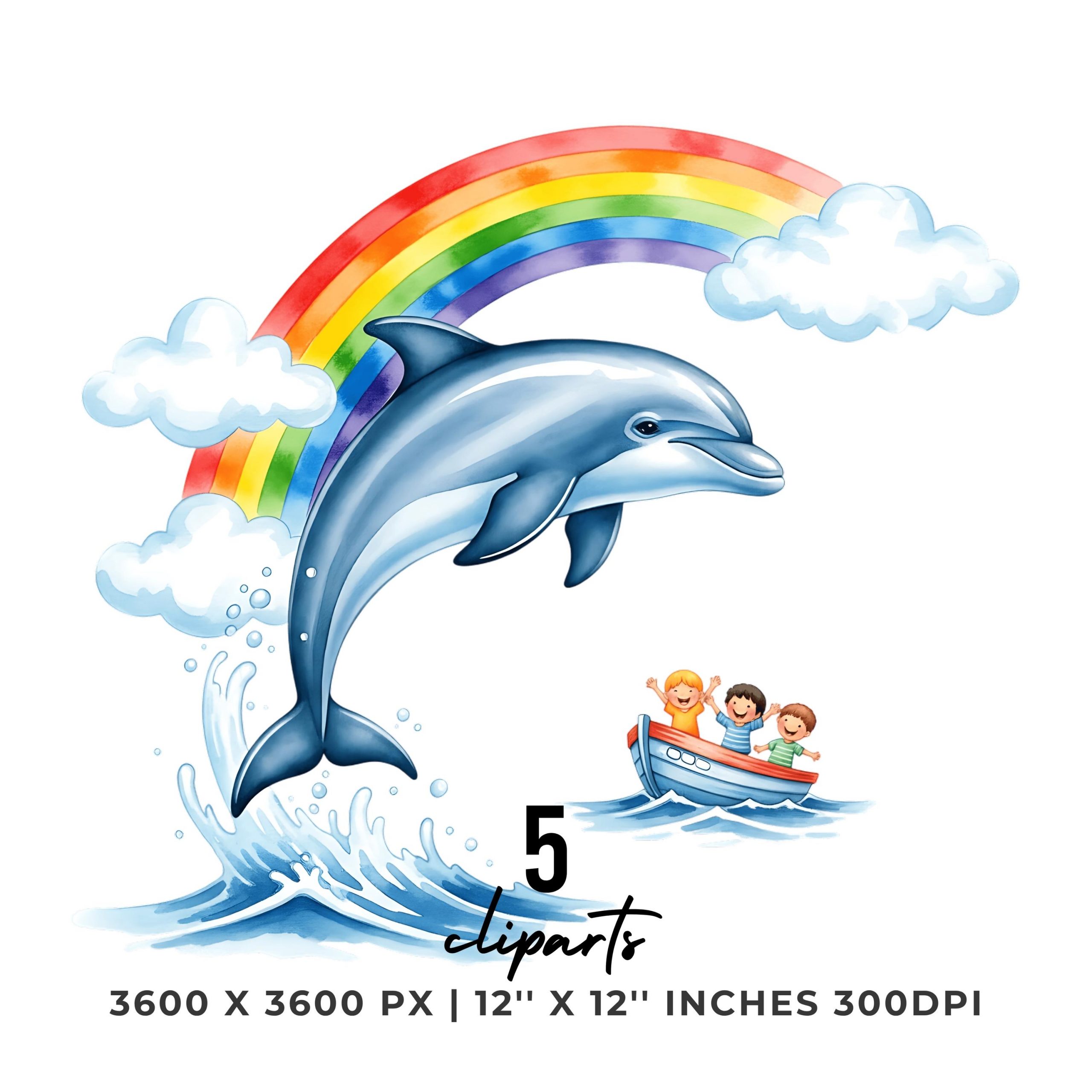 Dolphin Clipart PNG | 4 Watercolor Dolphin leaping joyfully with a rainbow behind it and children’s boat | Sublimation Commercial Use – Instant Digital Download