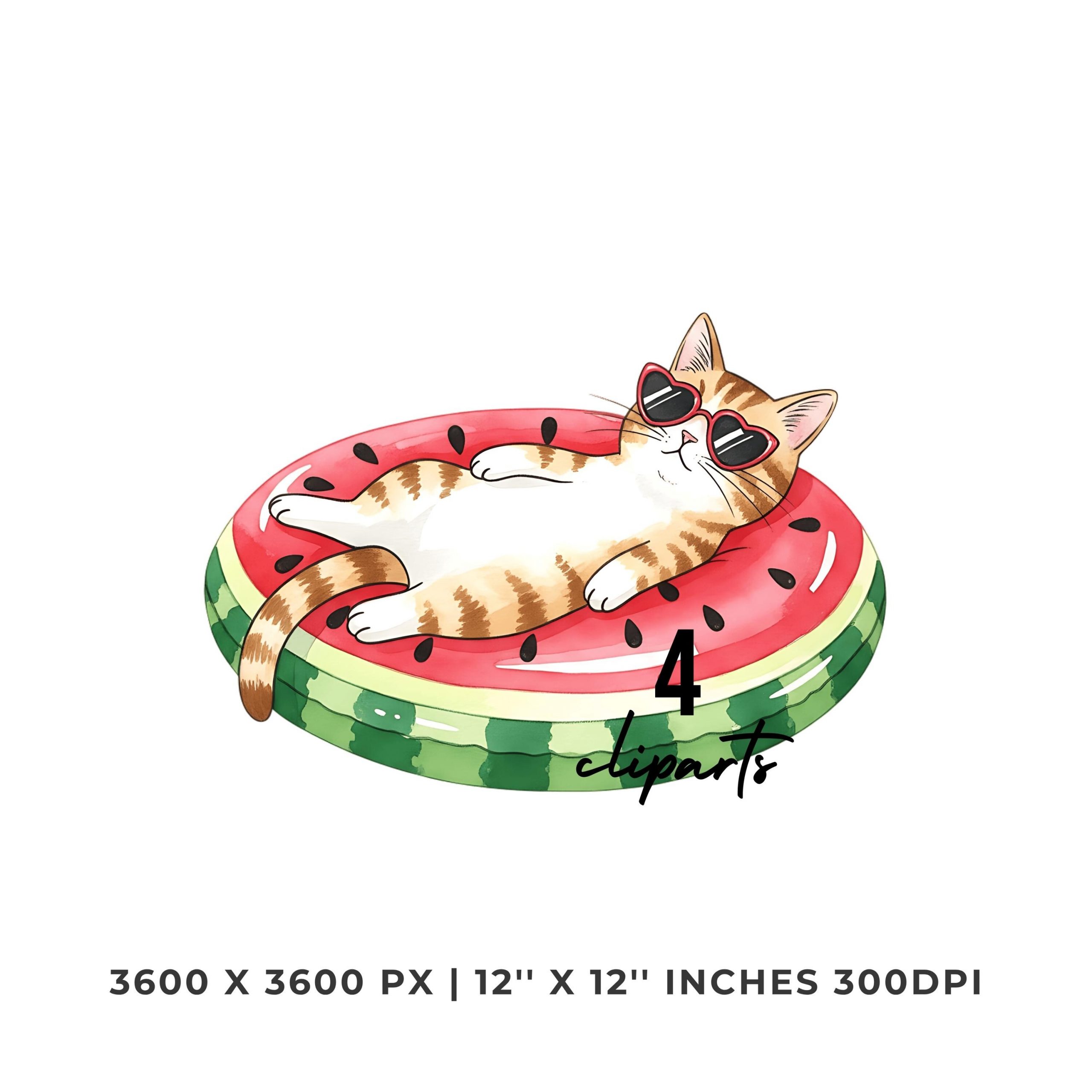 Cat Lazily Floating Clipart PNG |4 Watercolor Cat Lazily Floating on a pool inflatable shaped like a watermelon | Sublimation Commercial Use – Instant Digital Download