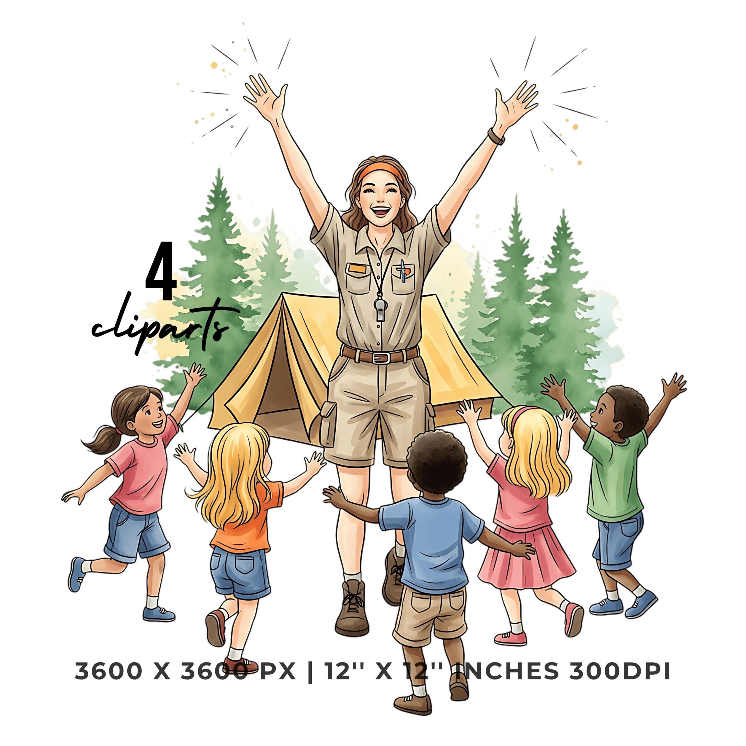 Children’s Camp PNG Clipart | Watercolor Camp Counselor leading Kids in a Game near tent & pine tree | 4 PNG – 4 JPG Graphic Commercial Use – Instant Digital Download