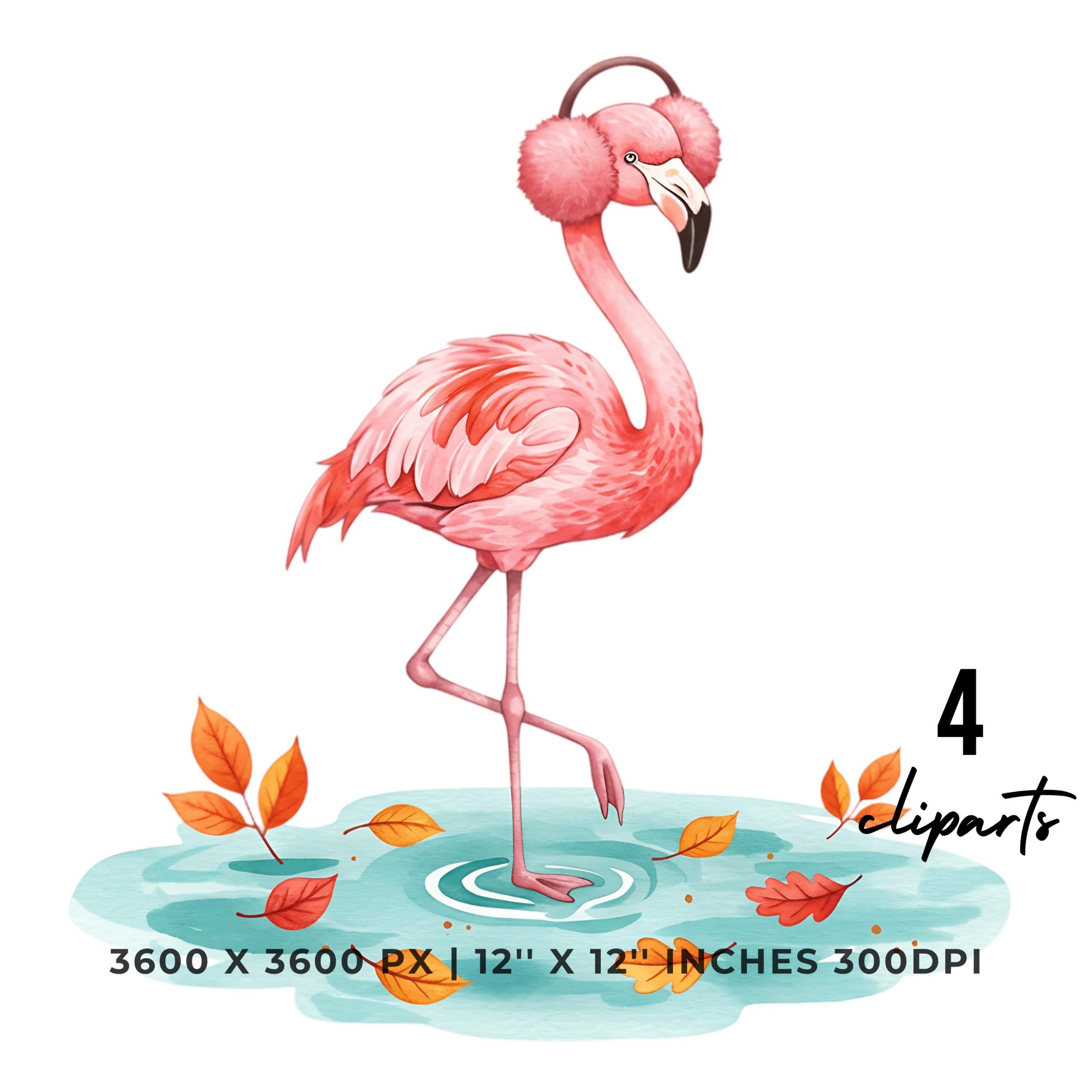 Flamingo with Earmuffs Fall Pond Clipart | Fall Clipart | 4 PNG & 4 JPG | Sublimation Transparent Commercial Use – Instant Digital Download