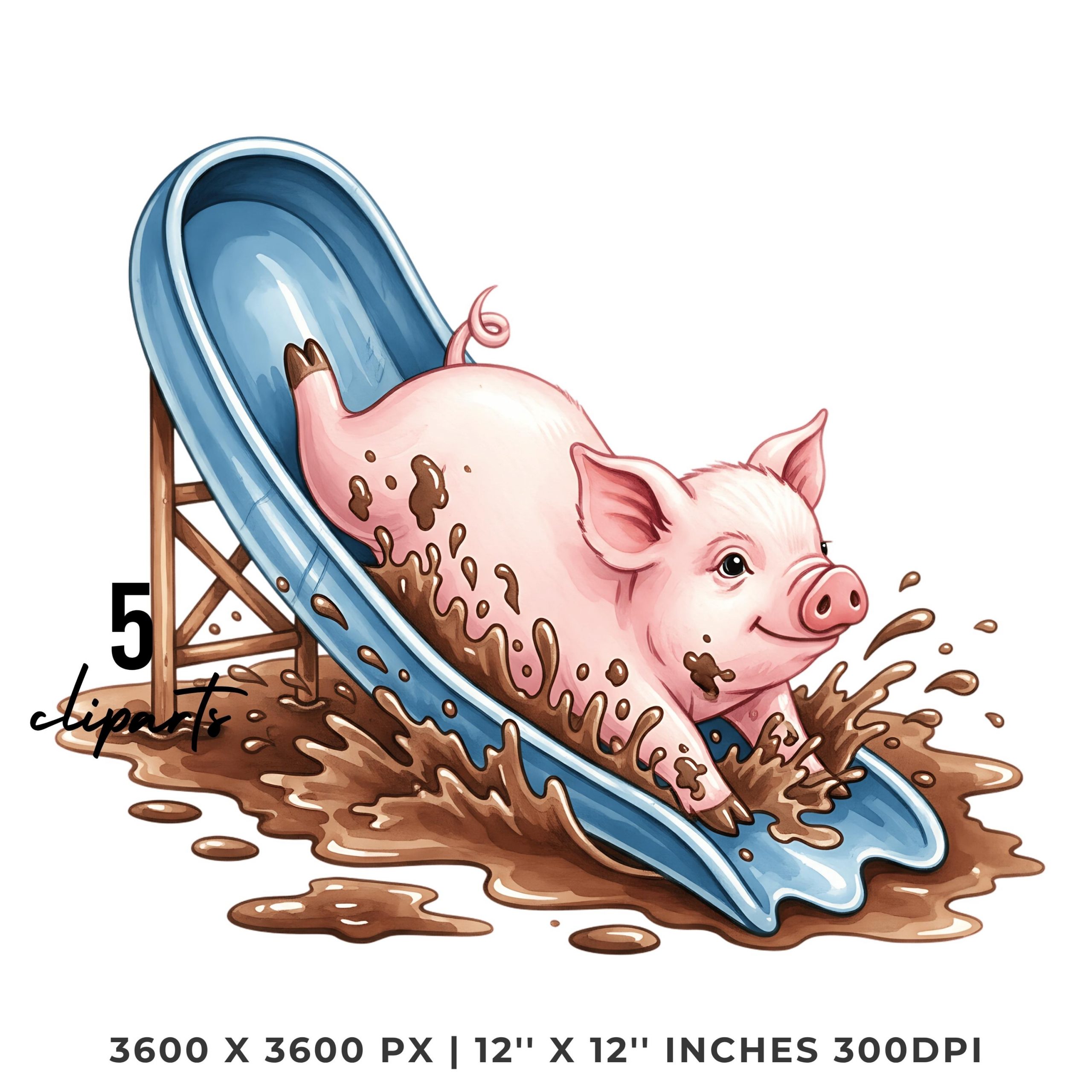 Piglet Clipart PNG | 4 Watercolor Piglet sliding in mud puddle and waterslide, splashing everywhere joyfully | Sublimation Commercial Use – Instant Digital Download