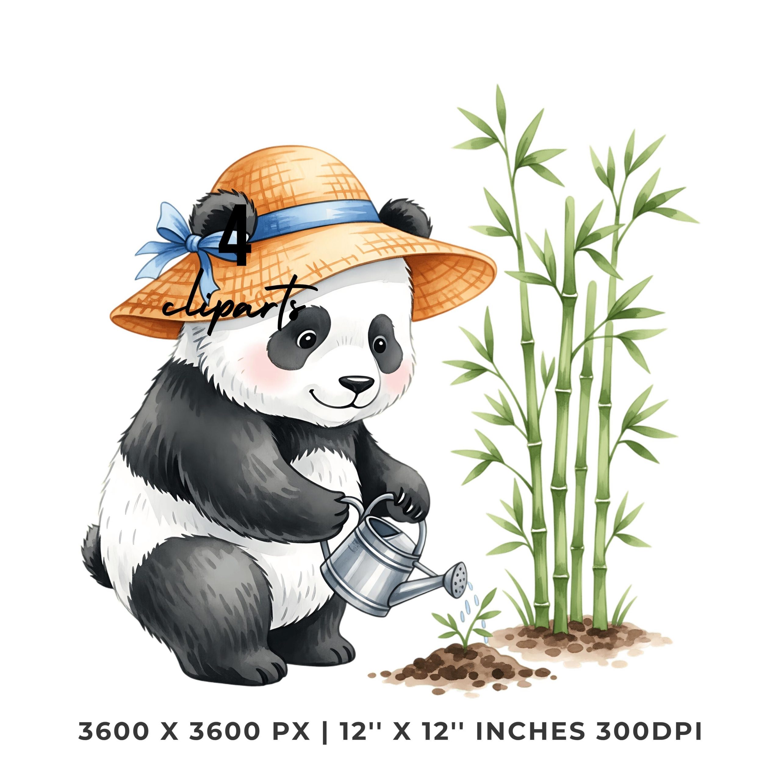Panda Clipart PNG | 5 Watercolor Panda watering a patch of bamboo with a tiny watering can Clipart | Sublimation Transparent Commercial Use – Instant Digital Download