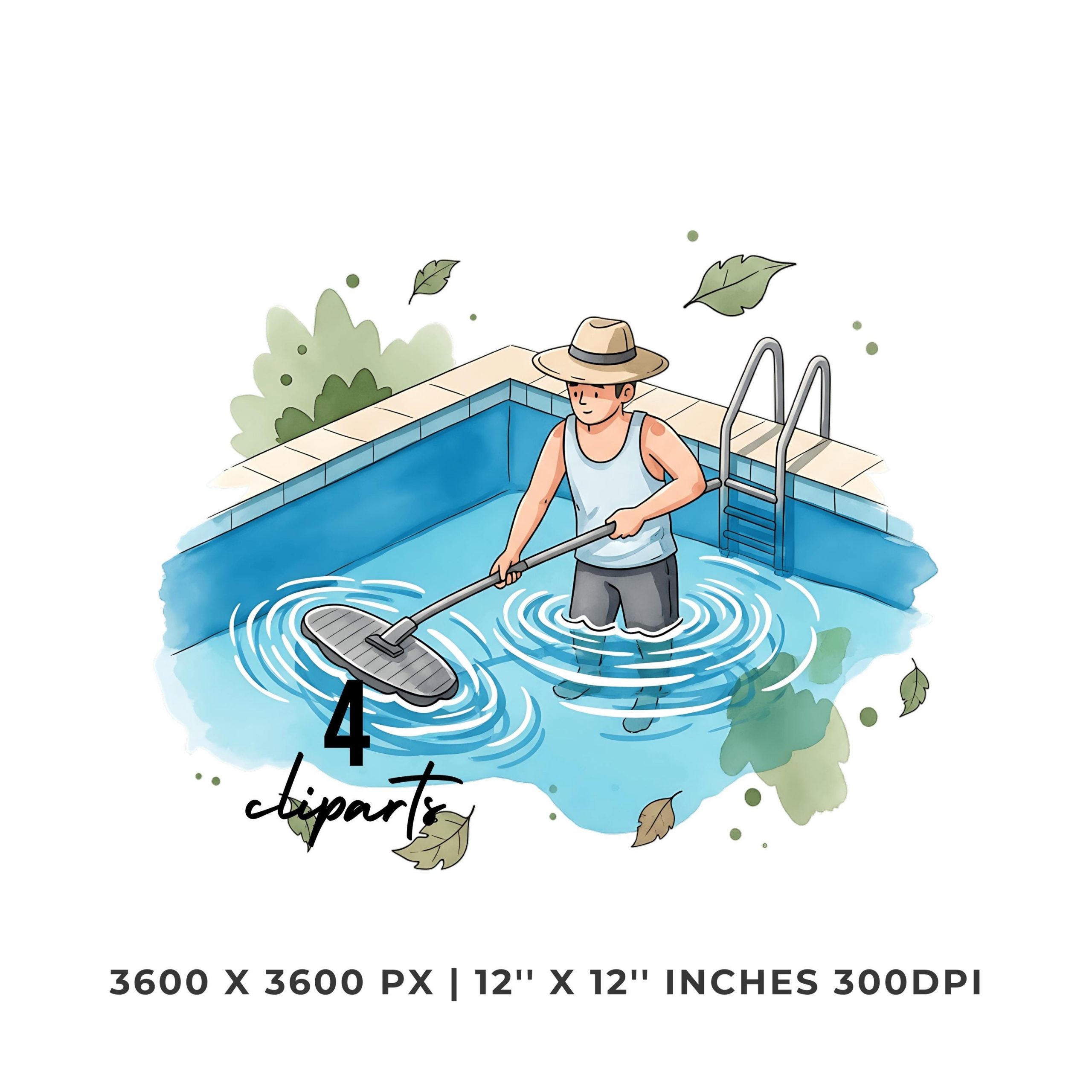 Pool Cleaner PNG Clipart | Watercolor Pool Cleaner skimming leaves from a bright blue pool | Summer job 4 PNG – 4 JPG Graphic Commercial Use – Instant Digital Download