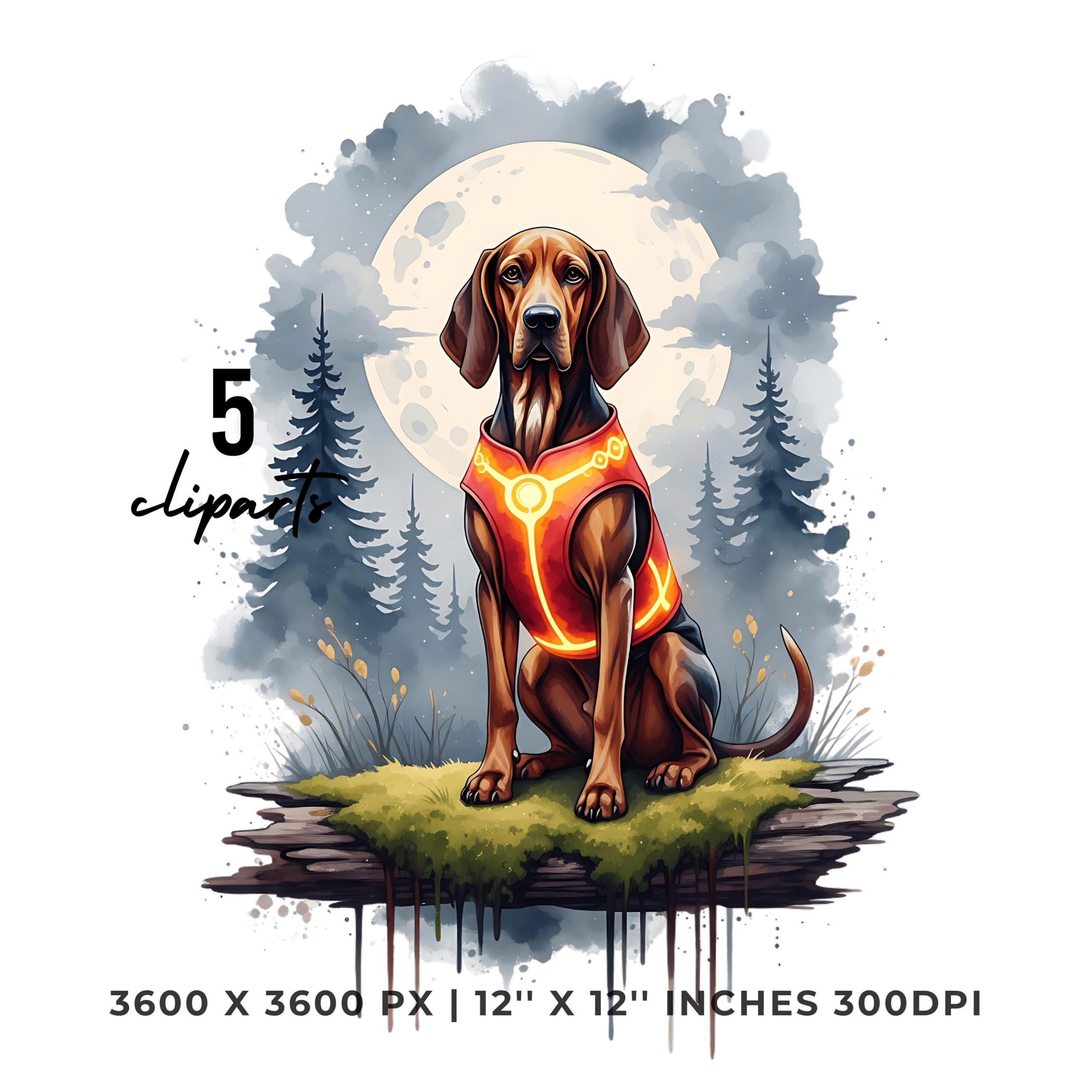 Redbone Coonhound Dog Clipart Bundle | Hunting Dog | Full Moon Forest | Coonhound in Vest 5 PNG & 5 JPG Sublimation Hi-Res Commercial Use – Instant Digital Download