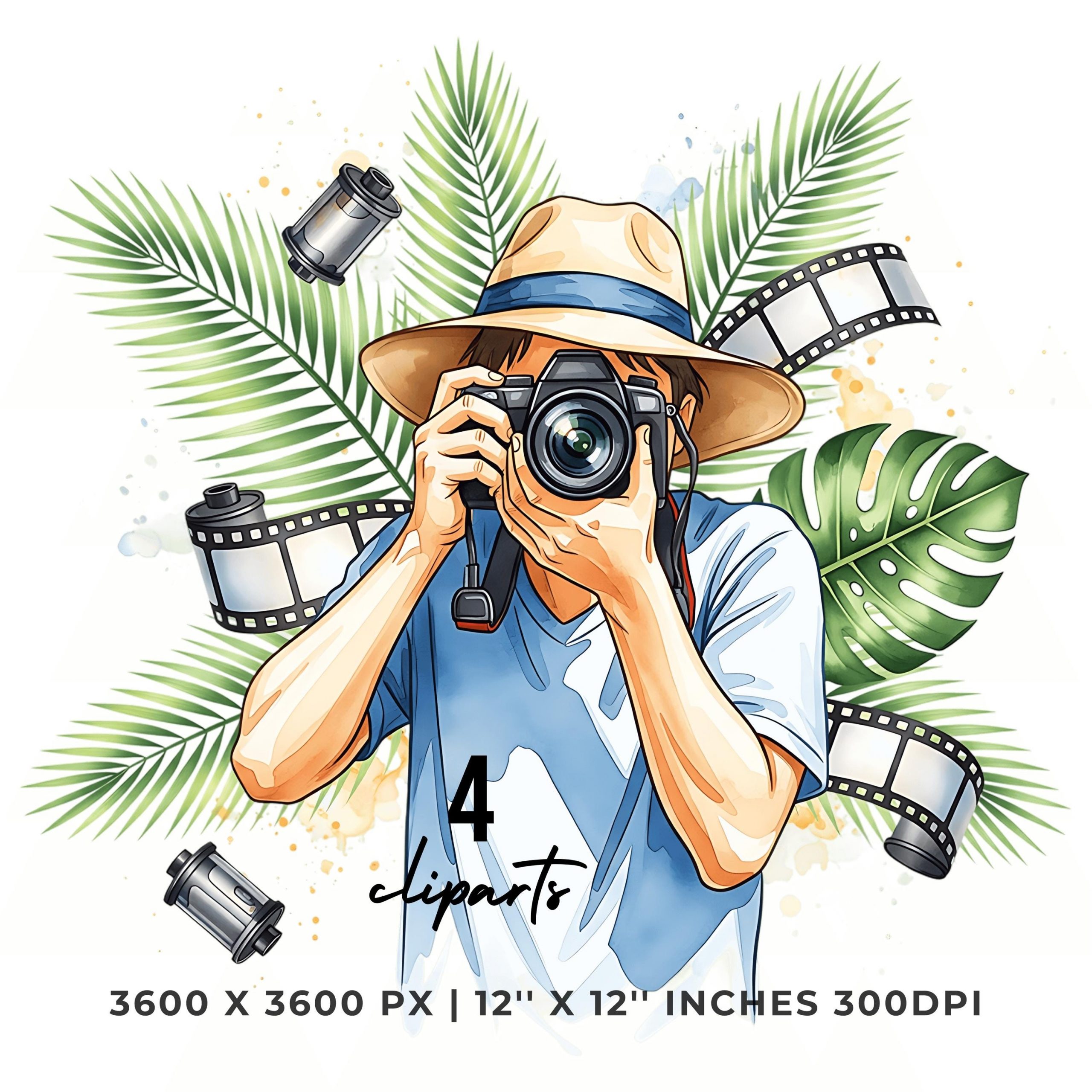 Beach photographer PNG Clipart | Watercolor Beach Photographer snapping a shot with camera | Summer job 4 PNG – 4 JPG Commercial Use – Instant Digital Download