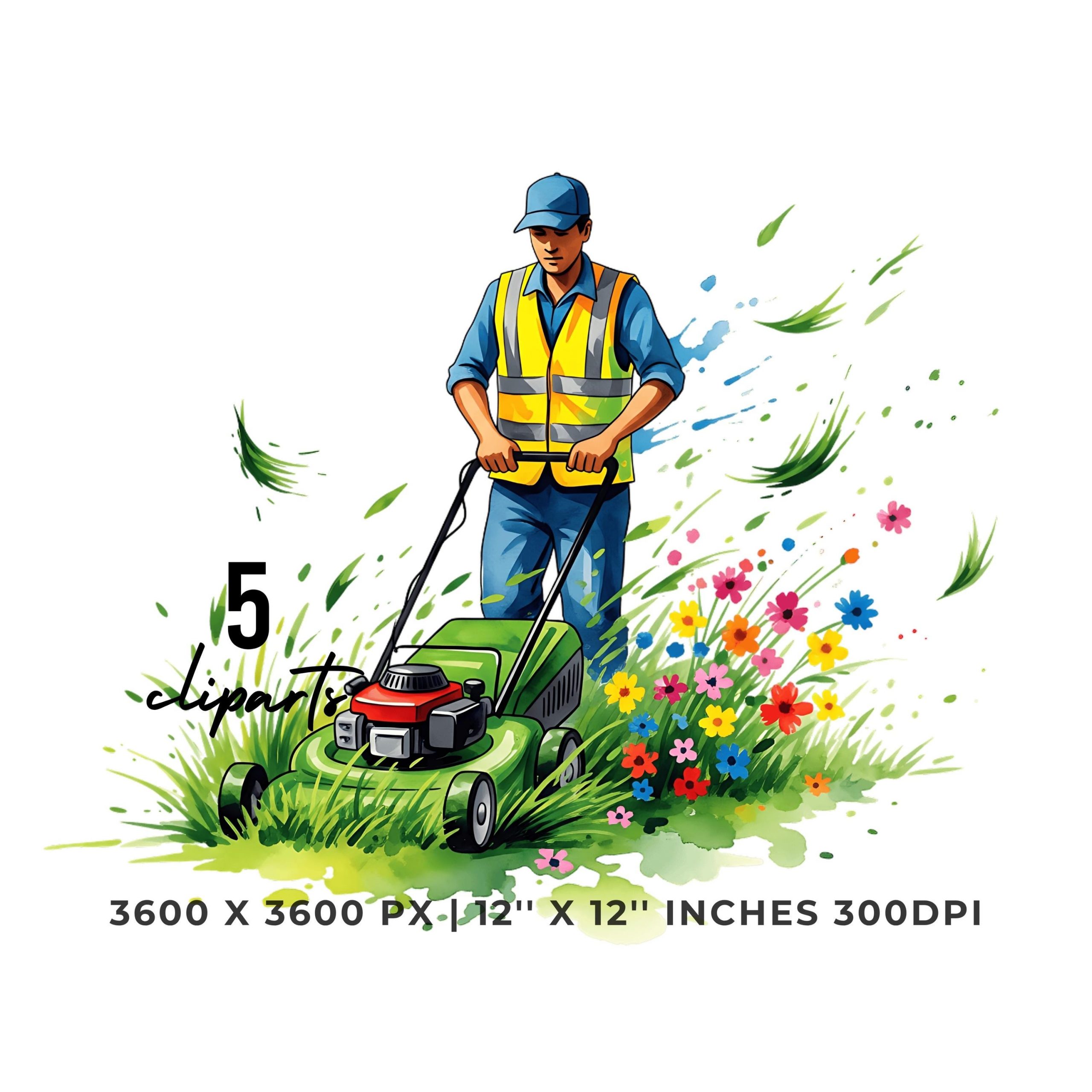 Lawn Care Side Hustle PNG Clipart | Watercolor Lawn Care Worker & flying grass and flowers | Summer job 5 PNG – 5 JPG Graphic Commercial Use – Instant Digital Download
