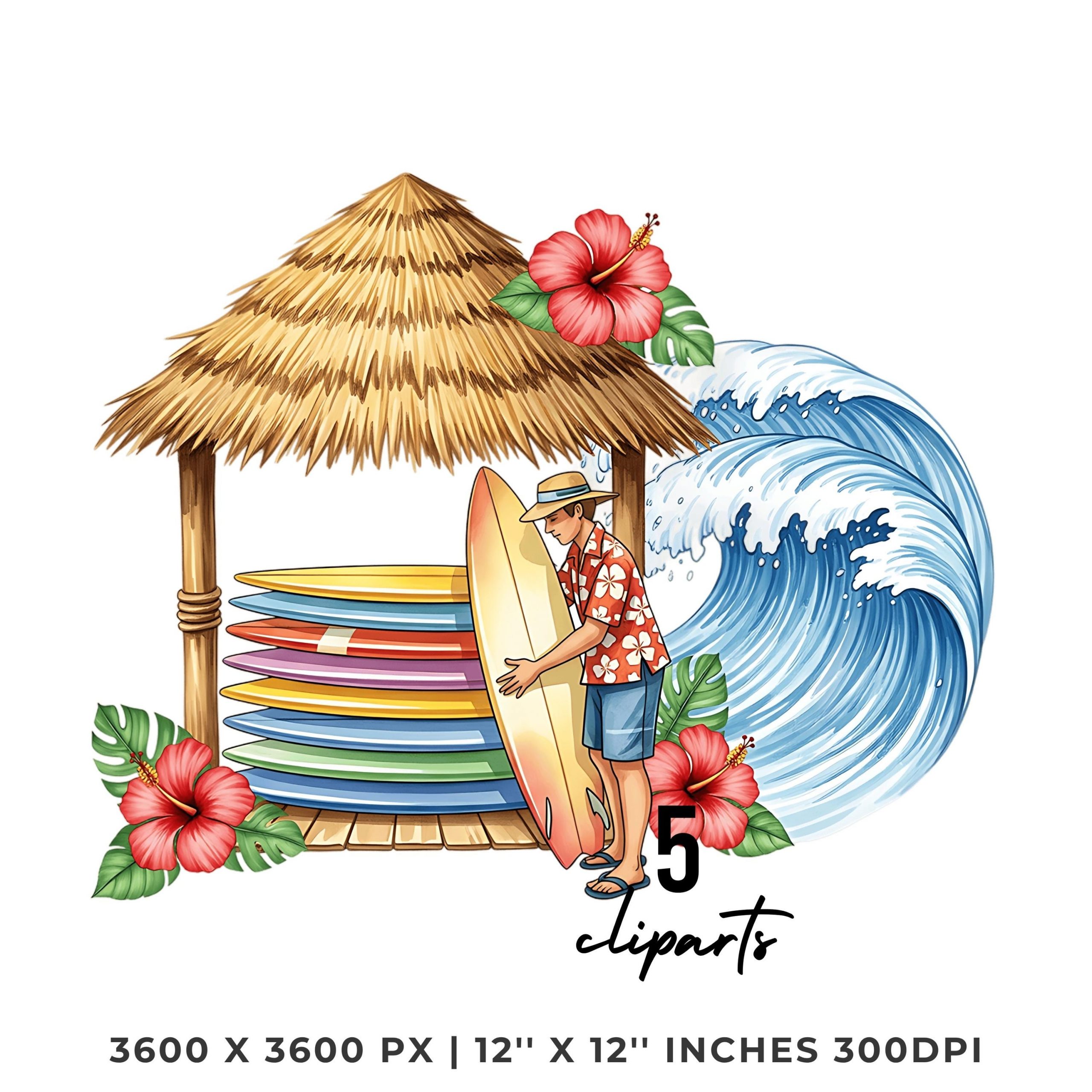 Surfboard Clerk PNG Clipart | Watercolor Surfboard Rental Clerk stacking surfboards under a hut | Summer job 5 PNG – 5 JPG Commercial Use – Instant Digital Download