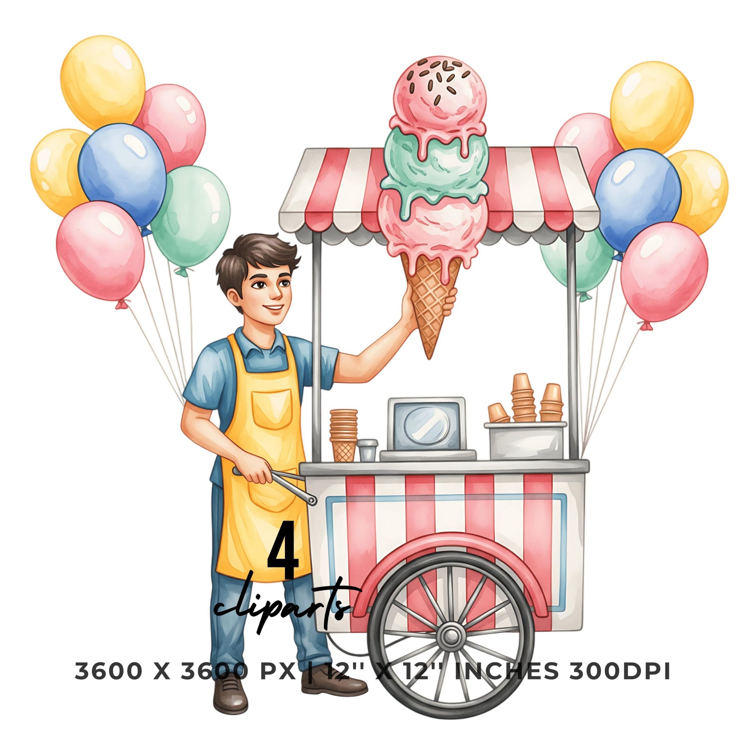 Ice Cream Vendor PNG Clipart | Watercolor Teenage Ice Cream Vendor in an apron | Street Food Summer job 4 PNG – 4 JPG Graphic Commercial Use – Instant Digital Download