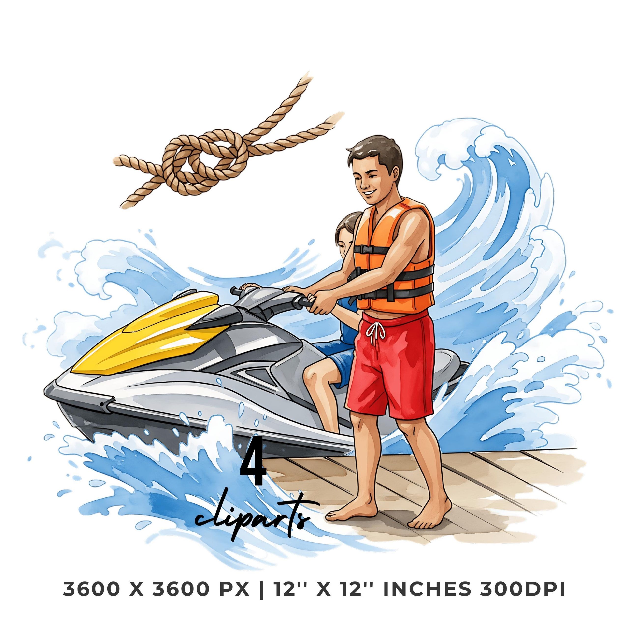 Racing Jet Ski PNG Clipart | Watercolor Marina Dockhand helping someone onto jet ski | Summer Activity 4 PNG – 4 JPG Graphic Commercial Use – Instant Digital Download