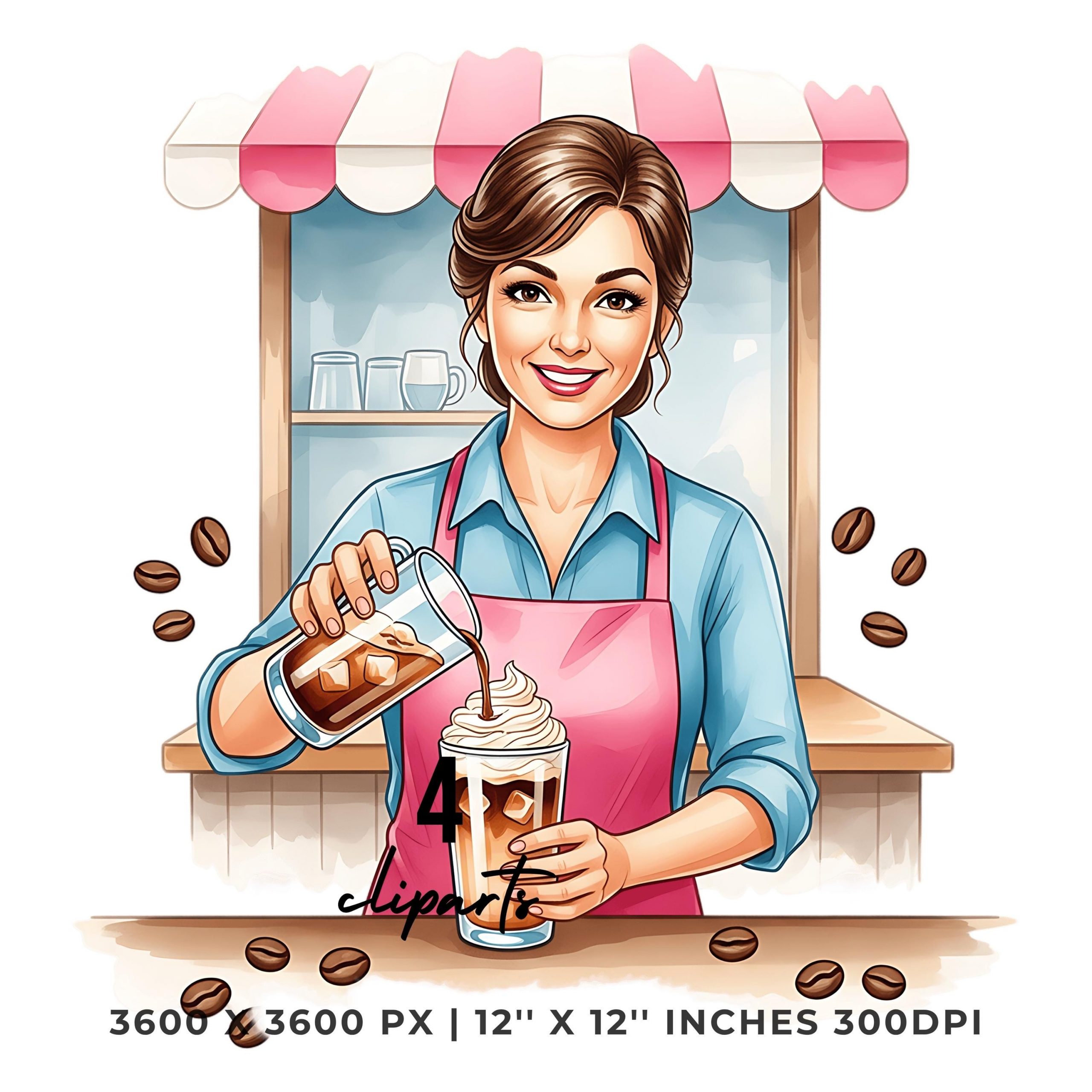 Barista Café PNG Clipart | Watercolor Cheerful barista at an outdoor café | Street Fook Café 4 PNG – 4 JPG Graphic Commercial Use – Instant Digital Download