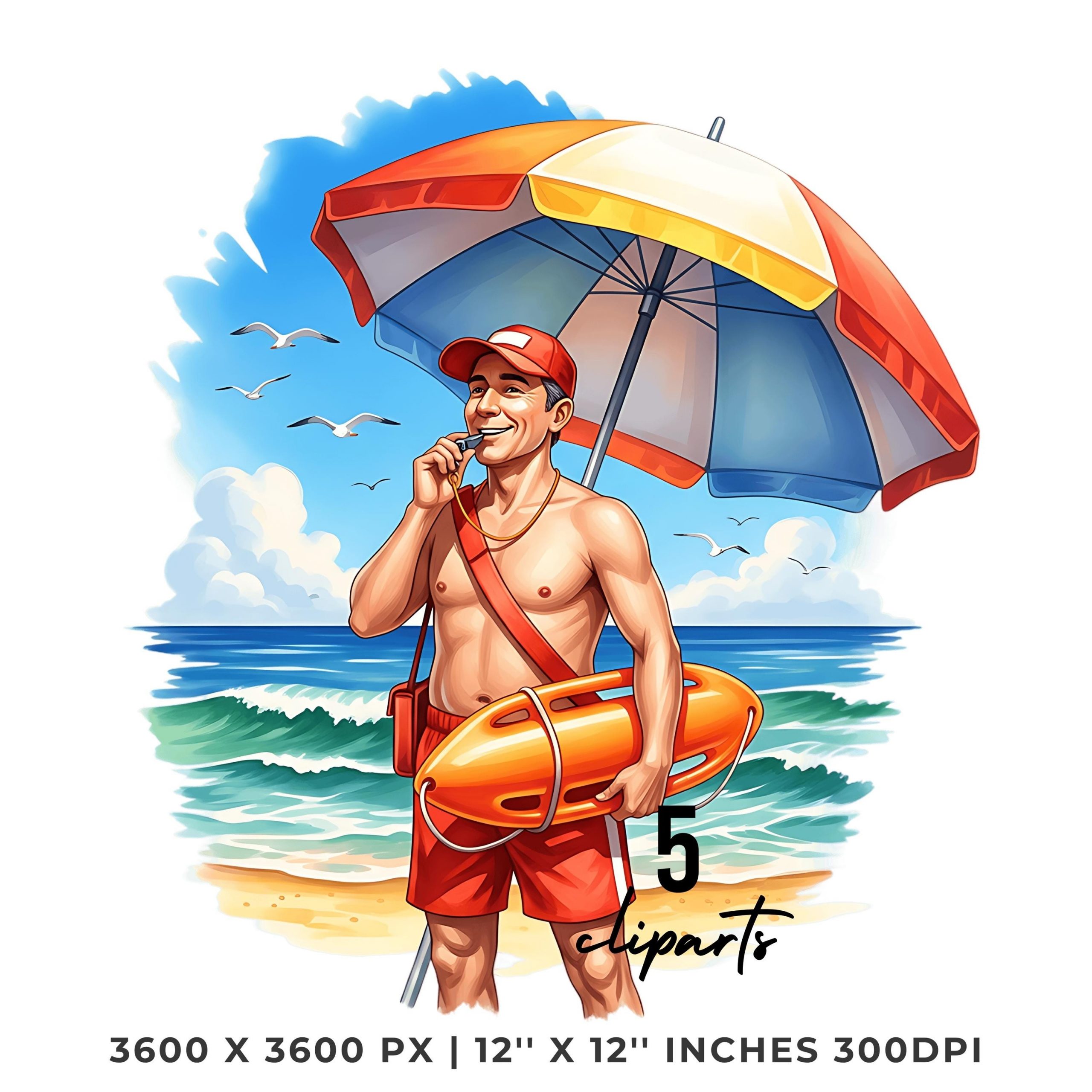 Lifeguard PNG Clipart | Watercolor Friendly Beach Lifeguard blowing a Whistle | Summer Beach 5 PNG – 5 JPG Graphic Commercial Use – Instant Digital Download