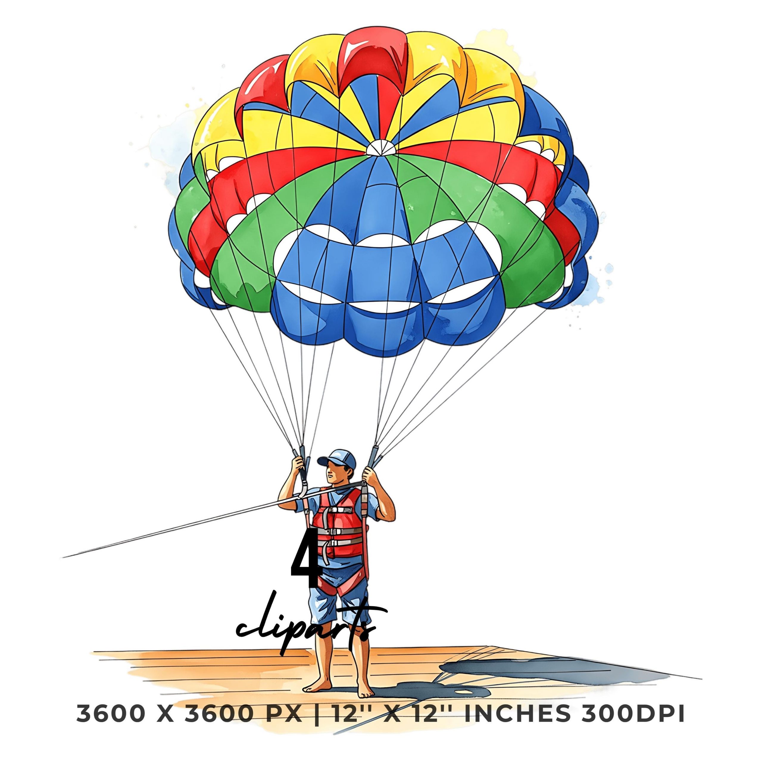Parachute PNG Clipart | Watercolor Parasailing Operator holding the ropes | Summer in the air 4 PNG – 4 JPG Graphic Commercial Use – Instant Digital Download