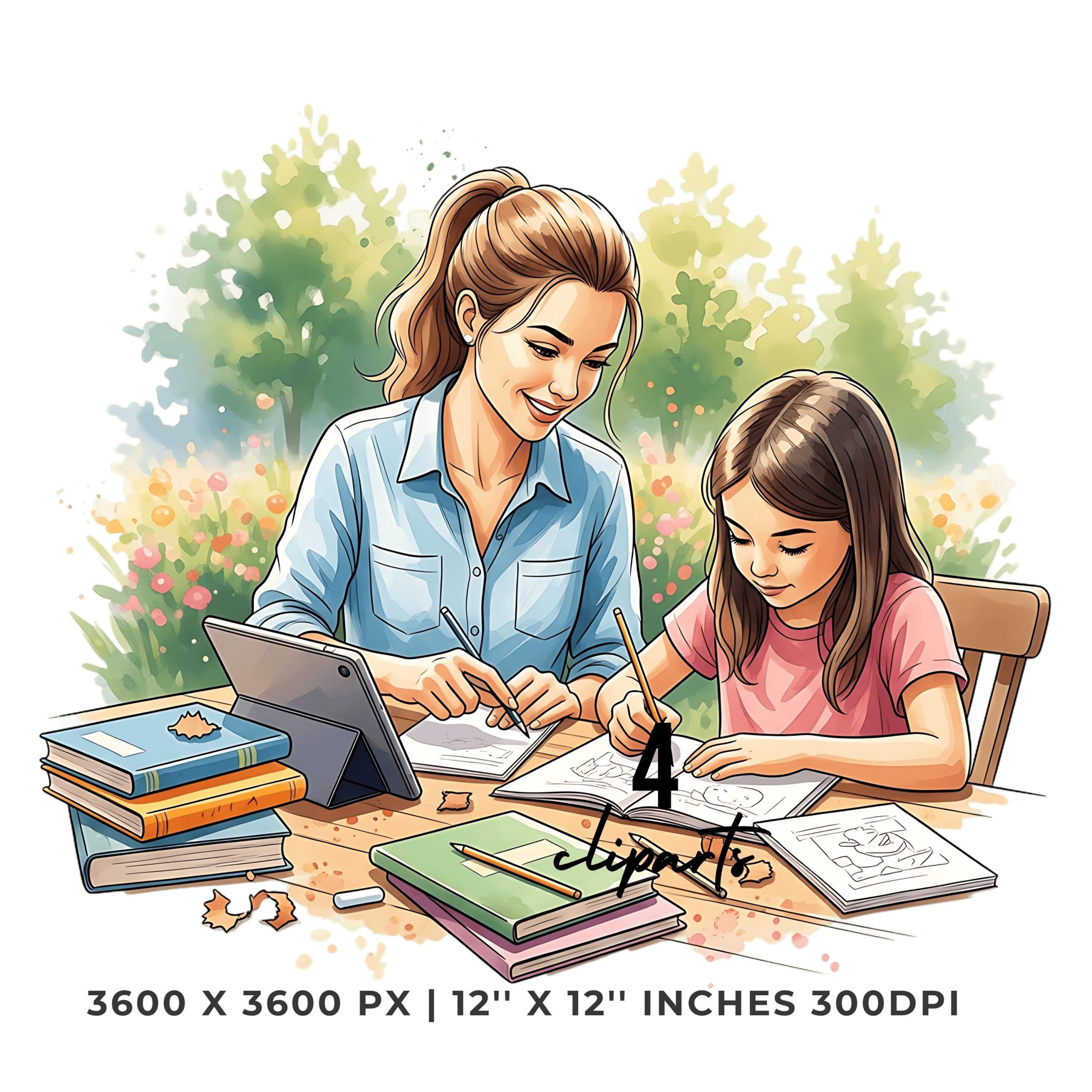 Teacher PNG Clipart | Watercolor summer tutor at an outdoor table, helping a student | Summer Professor 4 PNG – 4 JPG Graphic Commercial Use – Instant Digital Download
