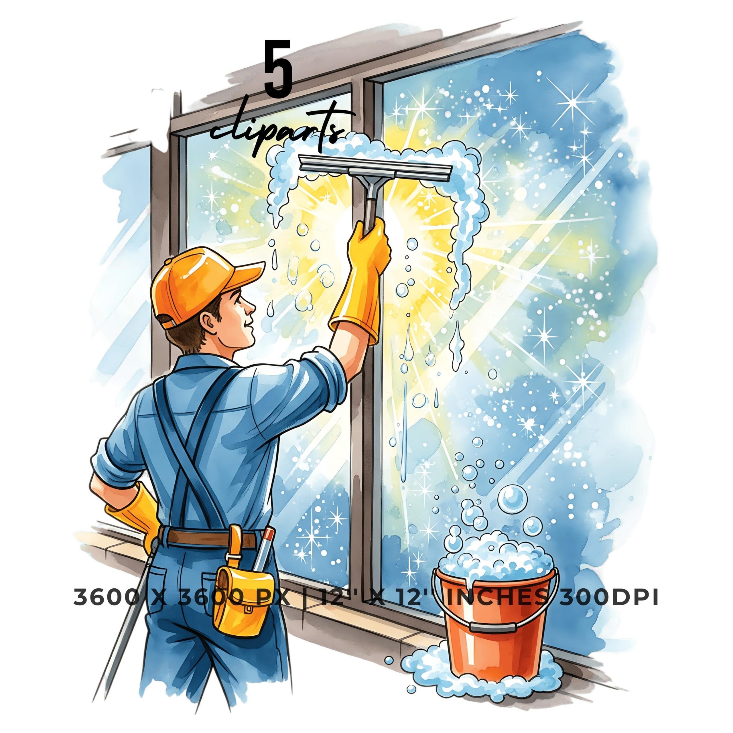 Building Washer PNG Clipart | Watercolor Window Washer with squeegee and bucket | Summer Job 5 PNG – 5 JPG Commercial Use – Instant Digital Download