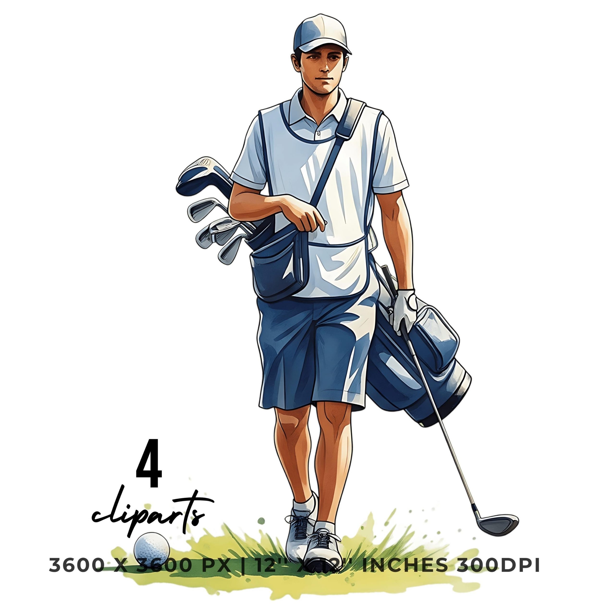 Playing Golf PNG Clipart | Watercolor Golf Caddy carrying clubs across a sunny course  | Summer at Golf 4 PNG – 4 JPG Graphic Commercial Use – Instant Digital Download