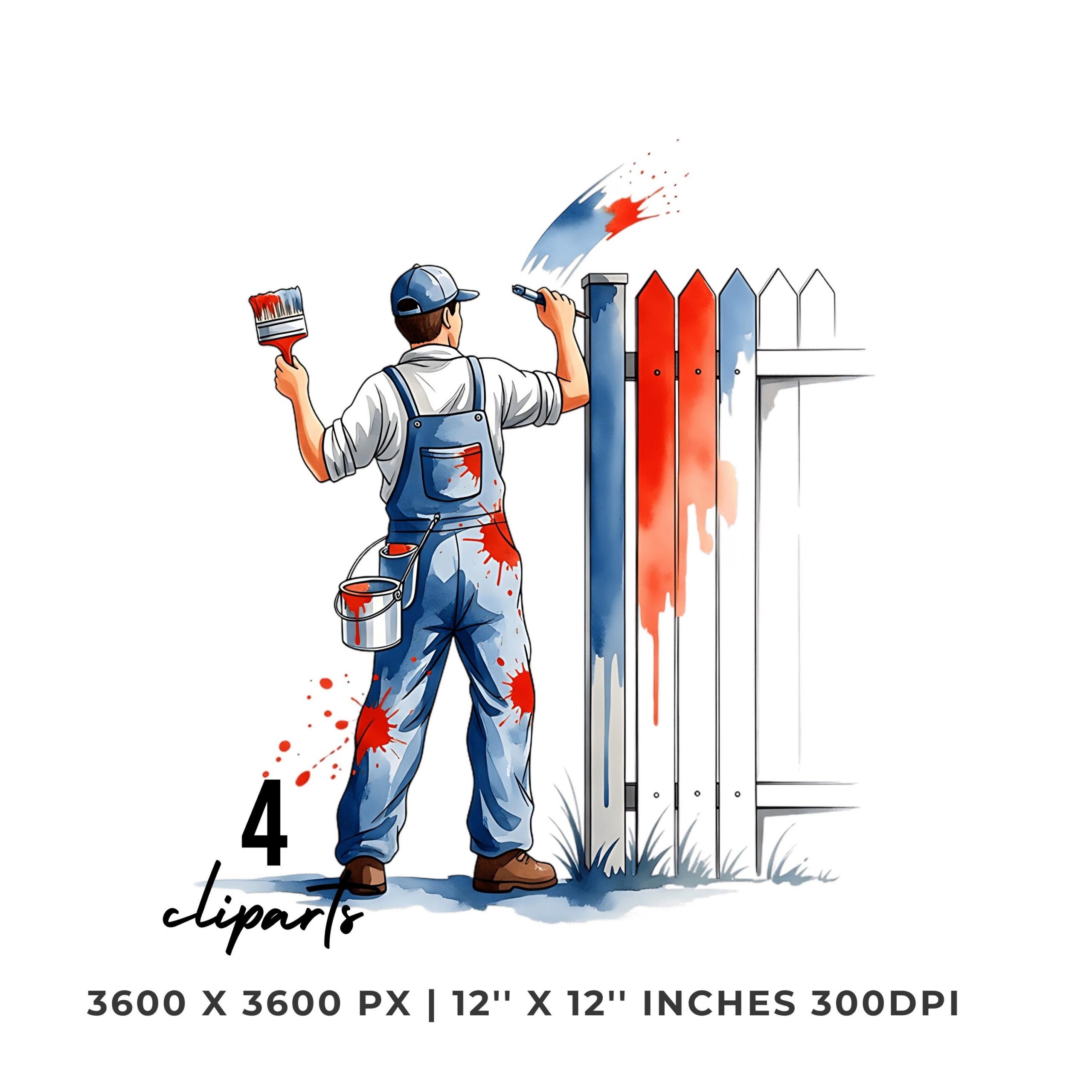 Fence Painter PNG Clipart | Watercolor house painter holding a brush | Summer Home Painter 4 PNG – 4 JPG Graphic Commercial Use – Instant Digital Download