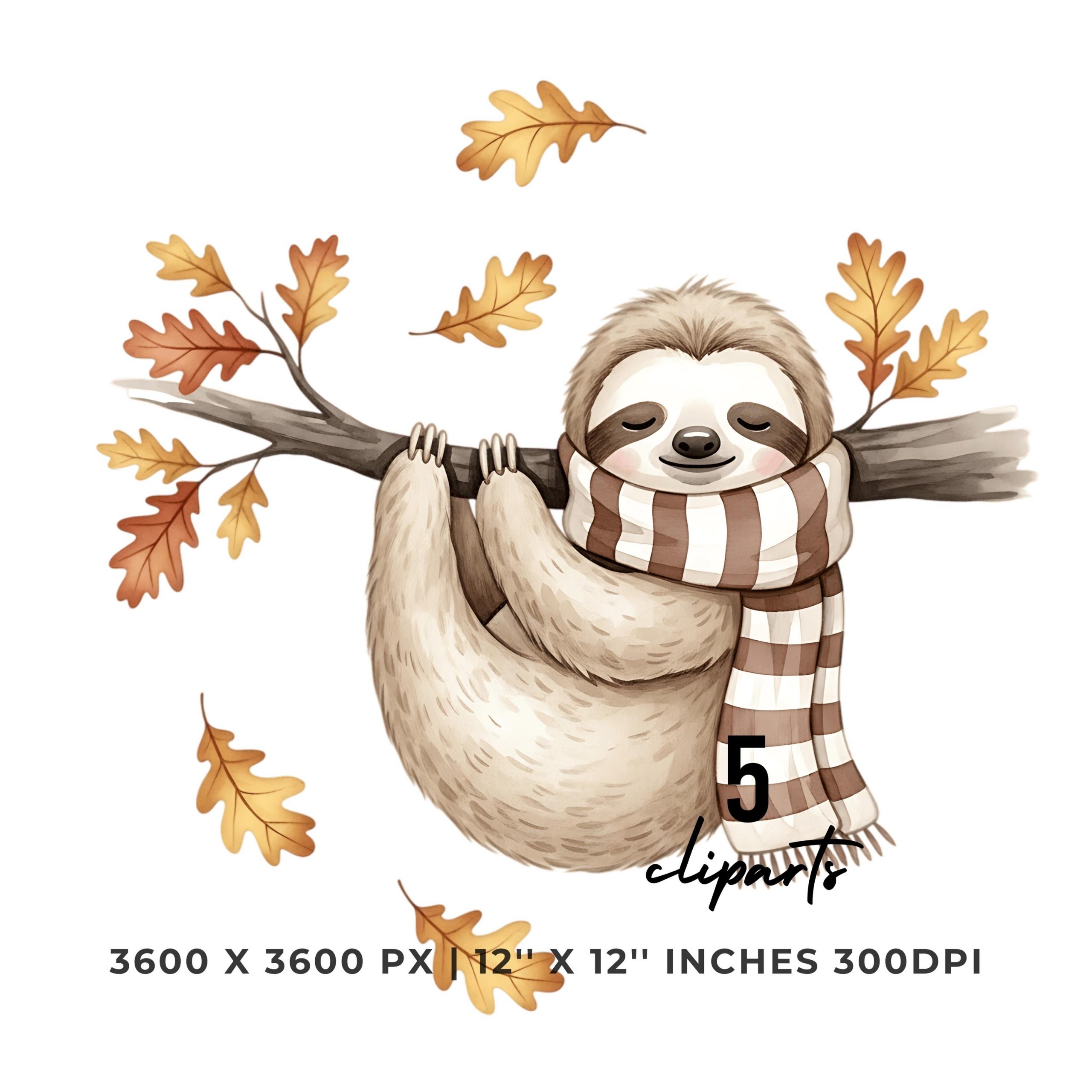 Cozy Sloth Autumn Clipart | 5 PNG & JPG | Sloth Hanging from Tree with Scarf | Fall Leaves | Cute Forest Animal Sublimation Commercial Use – Instant Digital Download