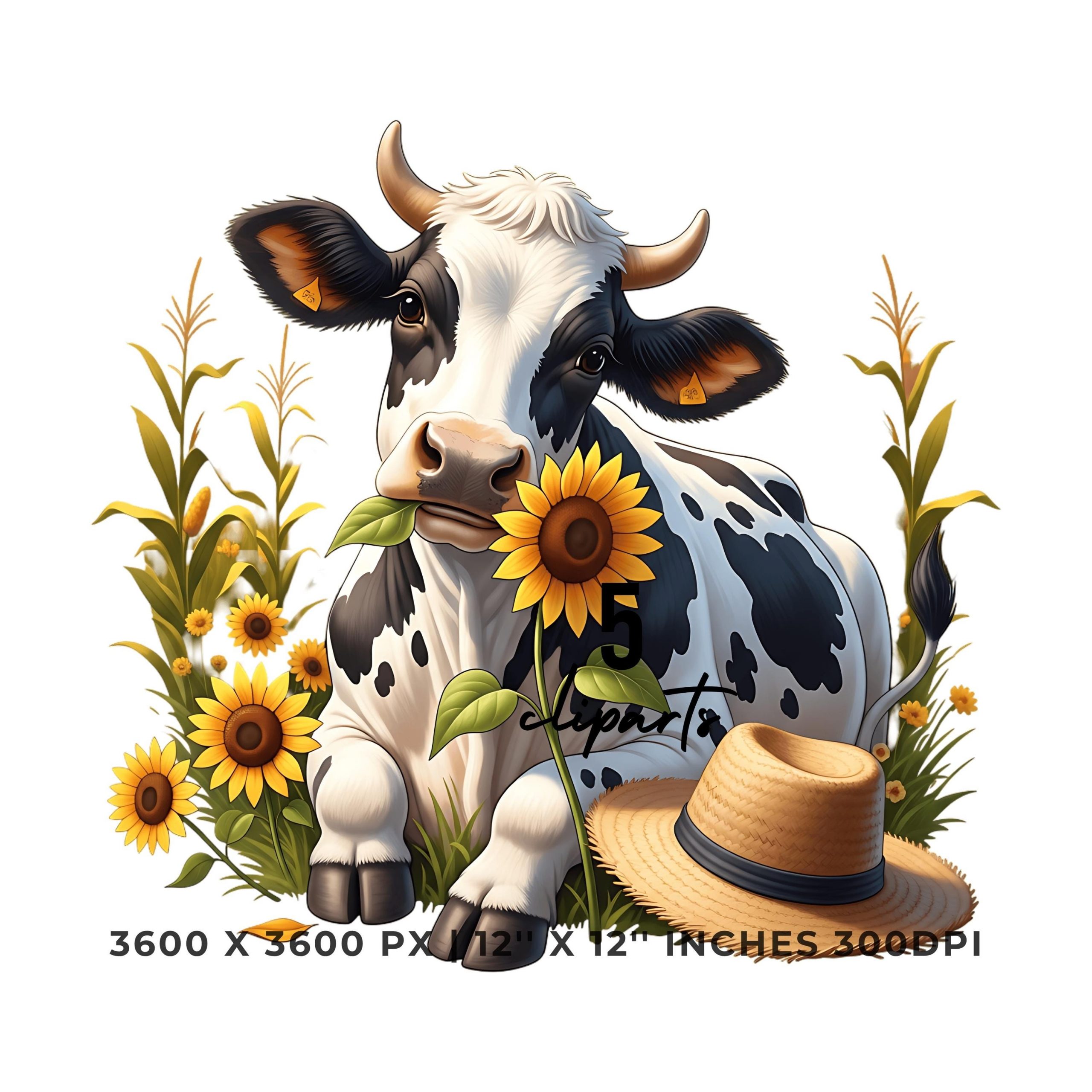 Cute Cow Chewing Sunflower Clipart Bundle | Fall Farm Animal 5 PNG & 5 JPG | Rustic Autumn Cow Art | 12″x12″ 300DPI Art Pack Commercial Use – Instant Digital Download