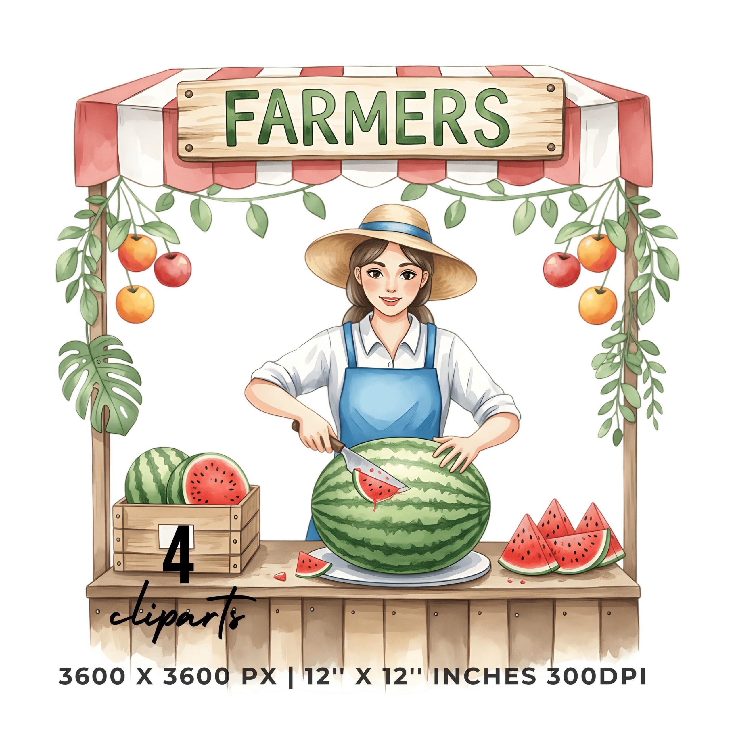 Watermelon Clipart Bundle | Farmer Market | Fruit Stand Summer Art | 4 PNG & 4 JPG | Digital Stickers | 12″x12″ 300DPI Commercial Use – Instant Digital Download
