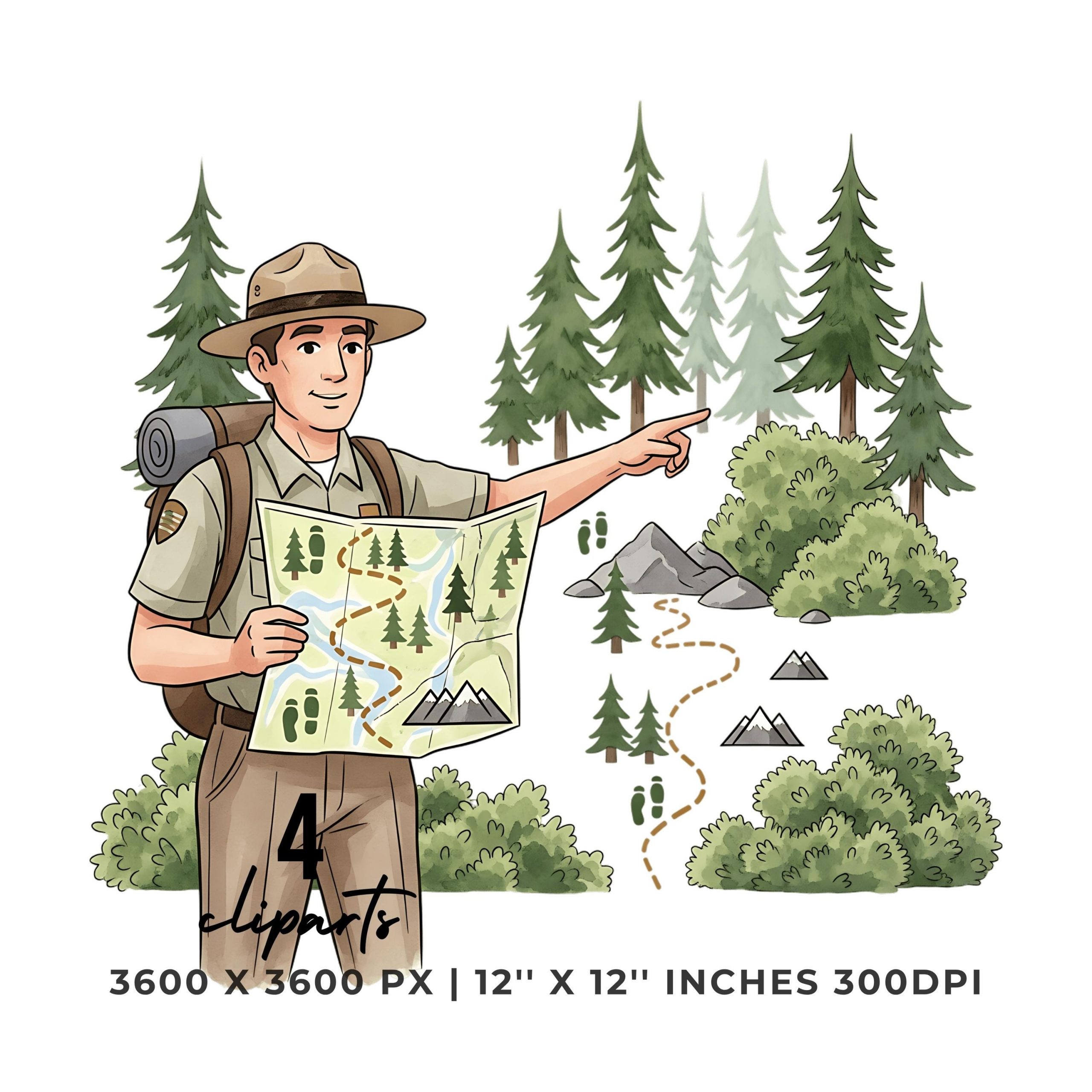 Park Ranger Clipart Bundle | Hiking Map Forest | Outdoor Adventure Art | 4 PNG & 4 JPG | Digital Stickers | 12″x12″ 300DPI Commercial Use – Instant Digital Download