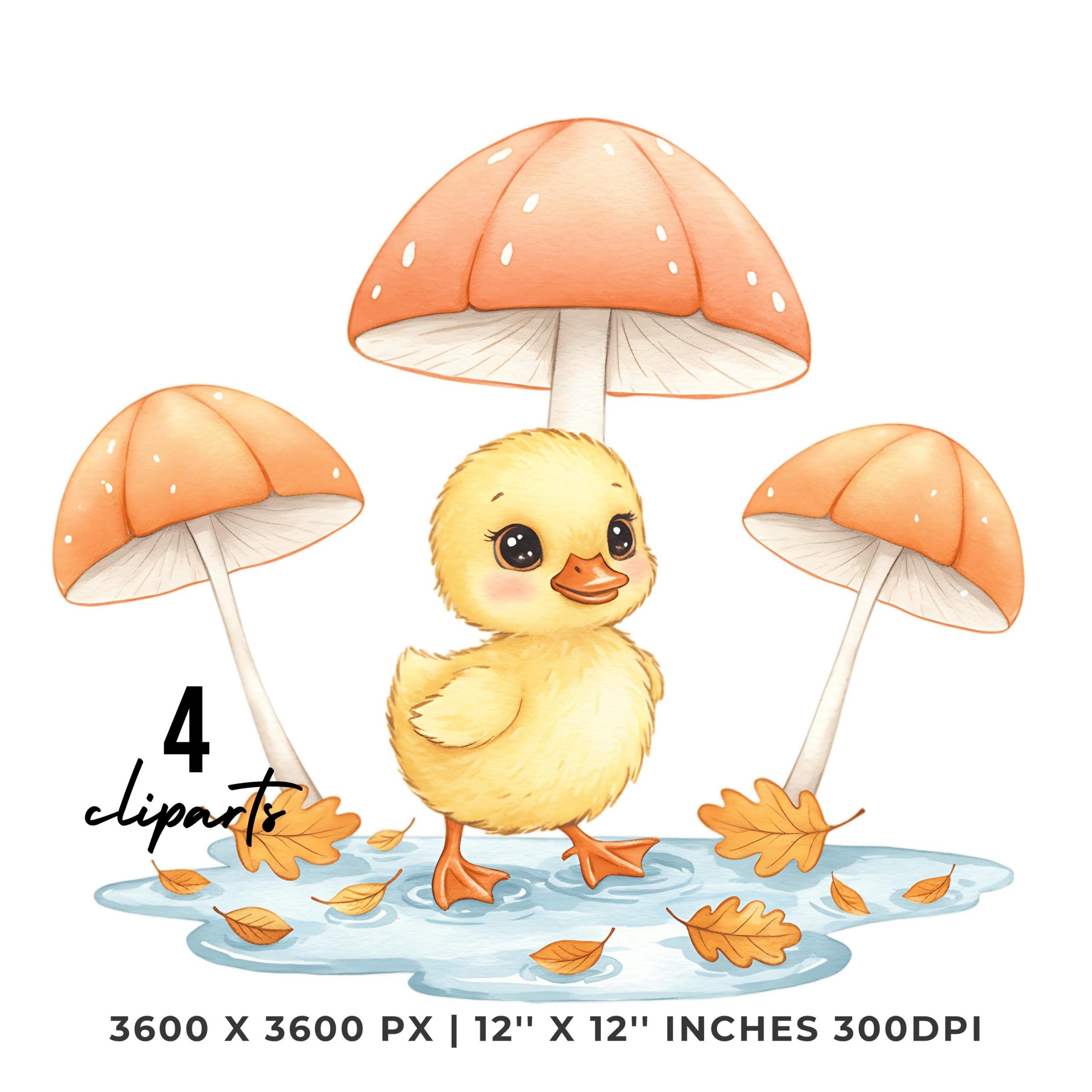 Cute Duckling Clipart Set with Umbrellas and Mushrooms | 4 PNG JPG Fall Autumn Duck Art for Sublimation, Stickers & Crafts | Commercial Use – Instant Digital Download