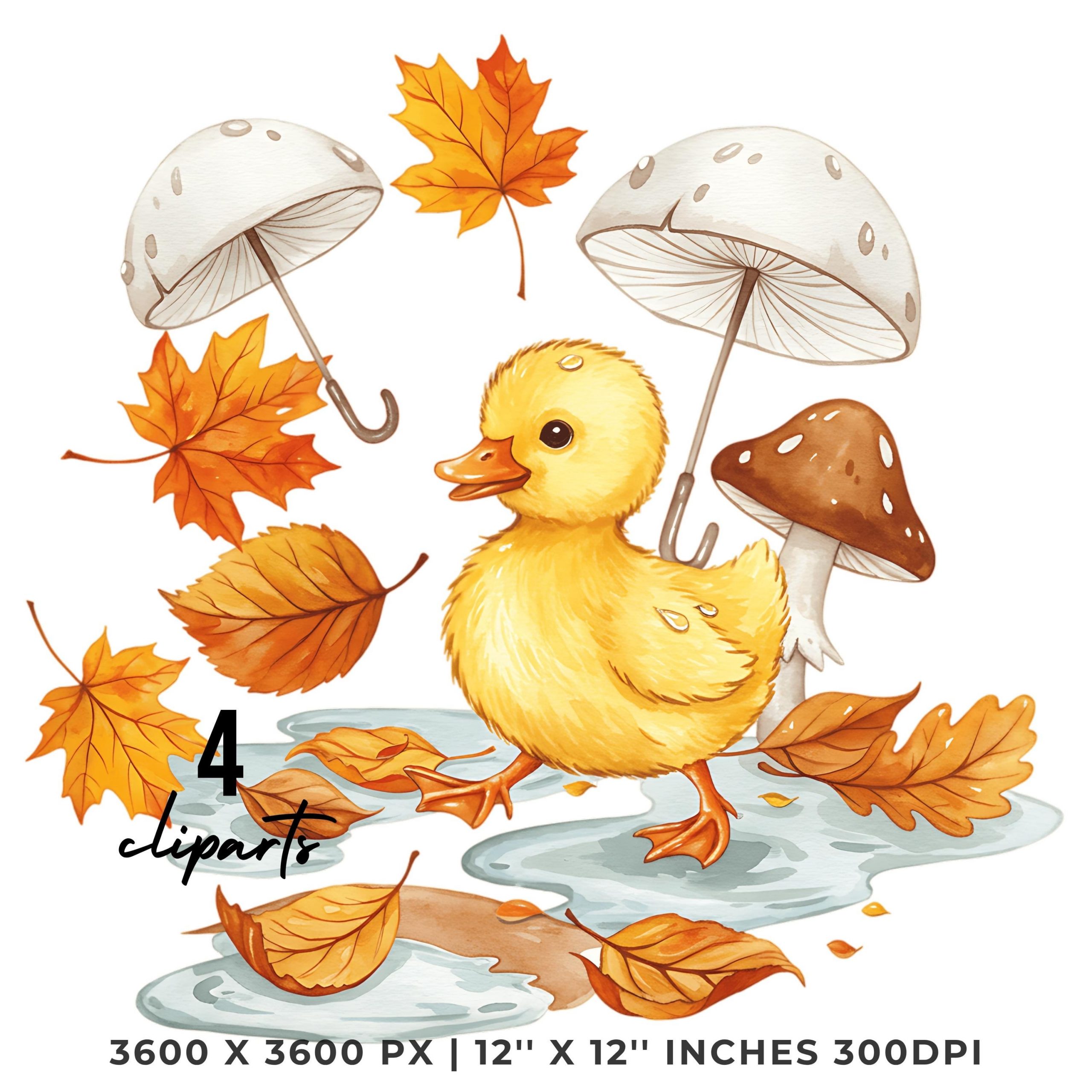 Cute Duckling with White Mushroom Umbrella Clipart | Fall Autumn Rainy Day Art | 4 PNG JPG | 12″x12″ | 300 DPI Sublimation | Commercial Use – Instant Digital Download