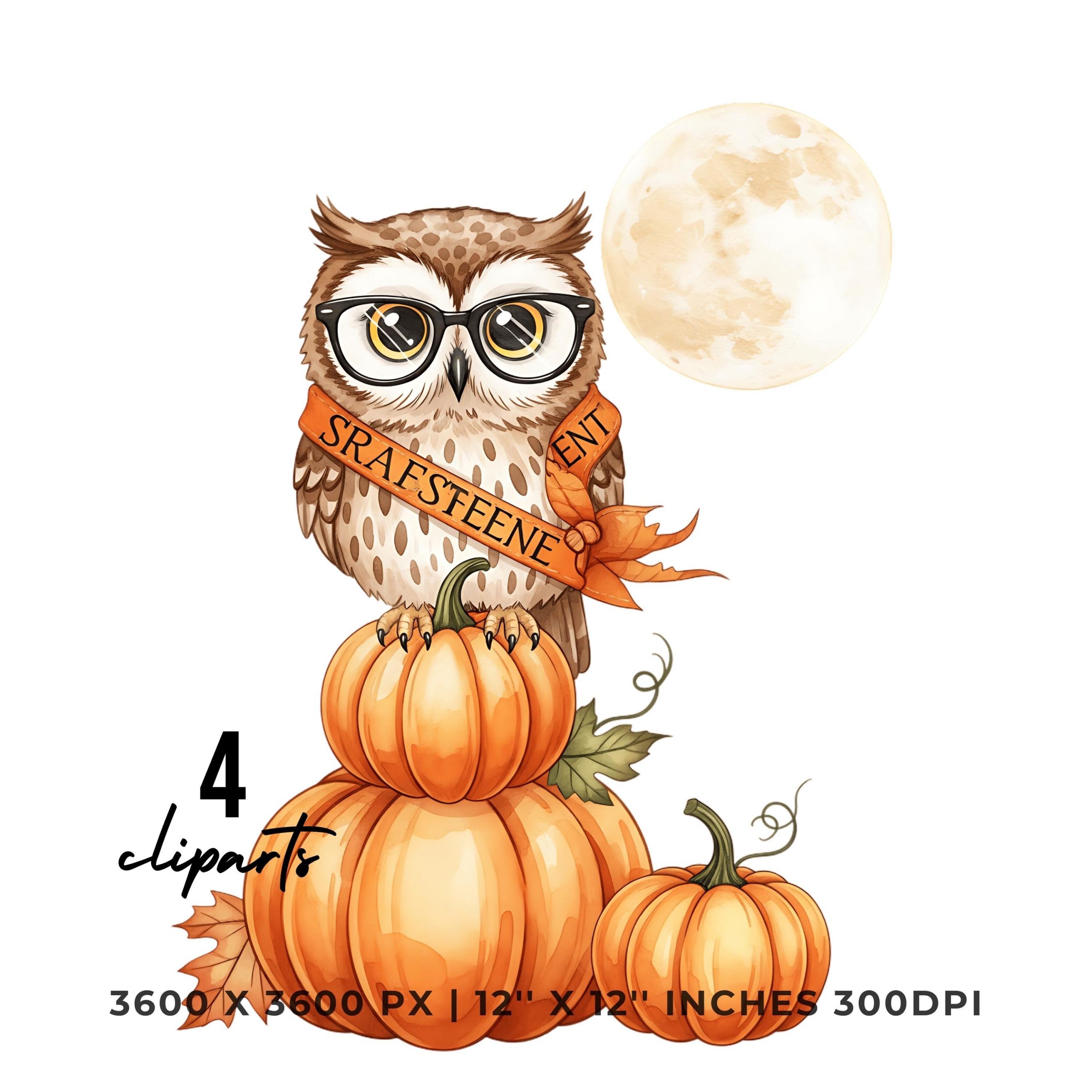 Cute Owl with Glasses on Pumpkin Stack and Full Moon – 4 Fall Clipart | Autumn Owl Pumpkin Clipart Set 12″x12″ | 4 PNG JPG Commercial Use – Instant Digital Download