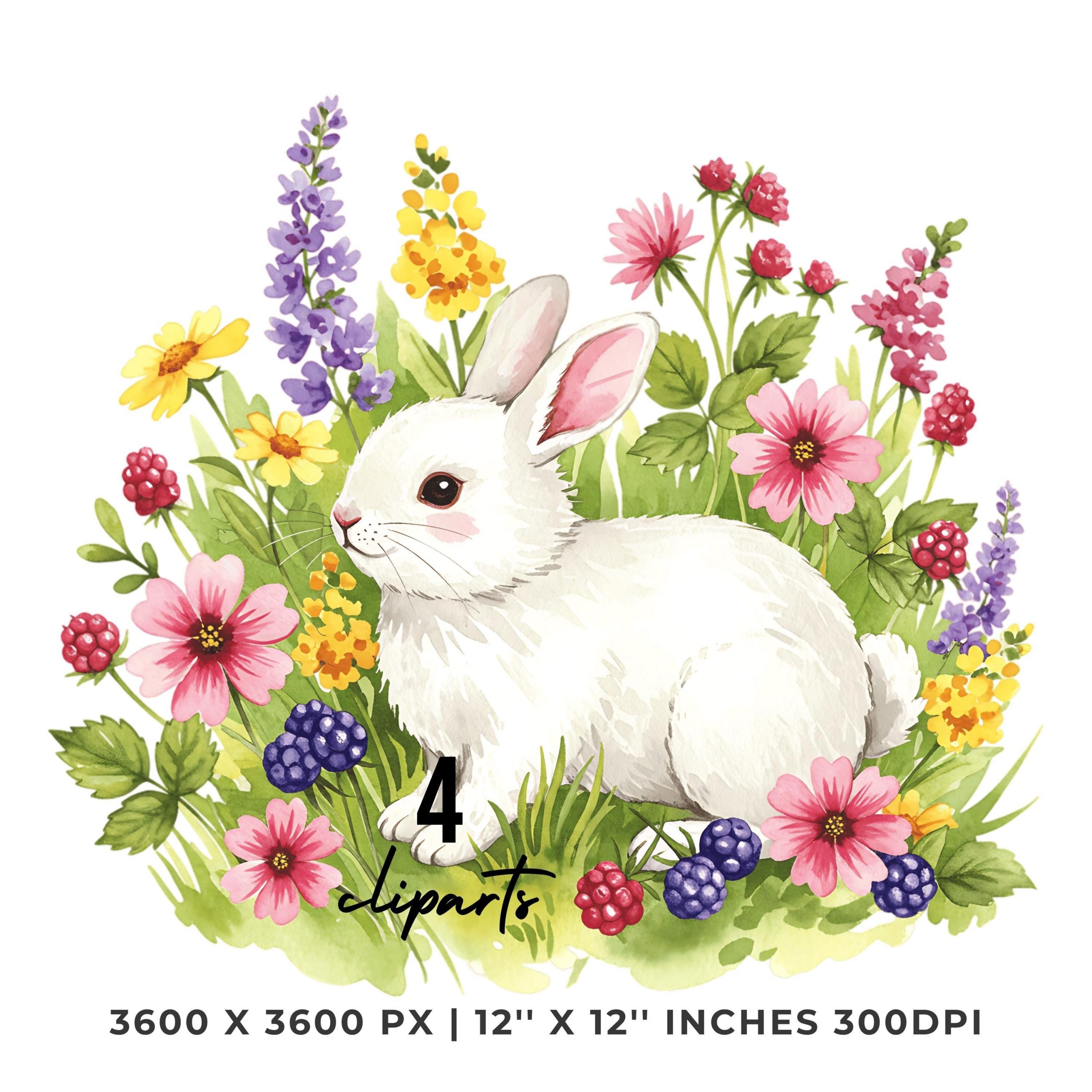 White Bunny Floral Clipart 4PNG 4JPG | Rabbit Spring Garden Illustration, Card, Scrapbooking, Junk Journaling, Sublimation, Commercial Use – Instant Digital Download