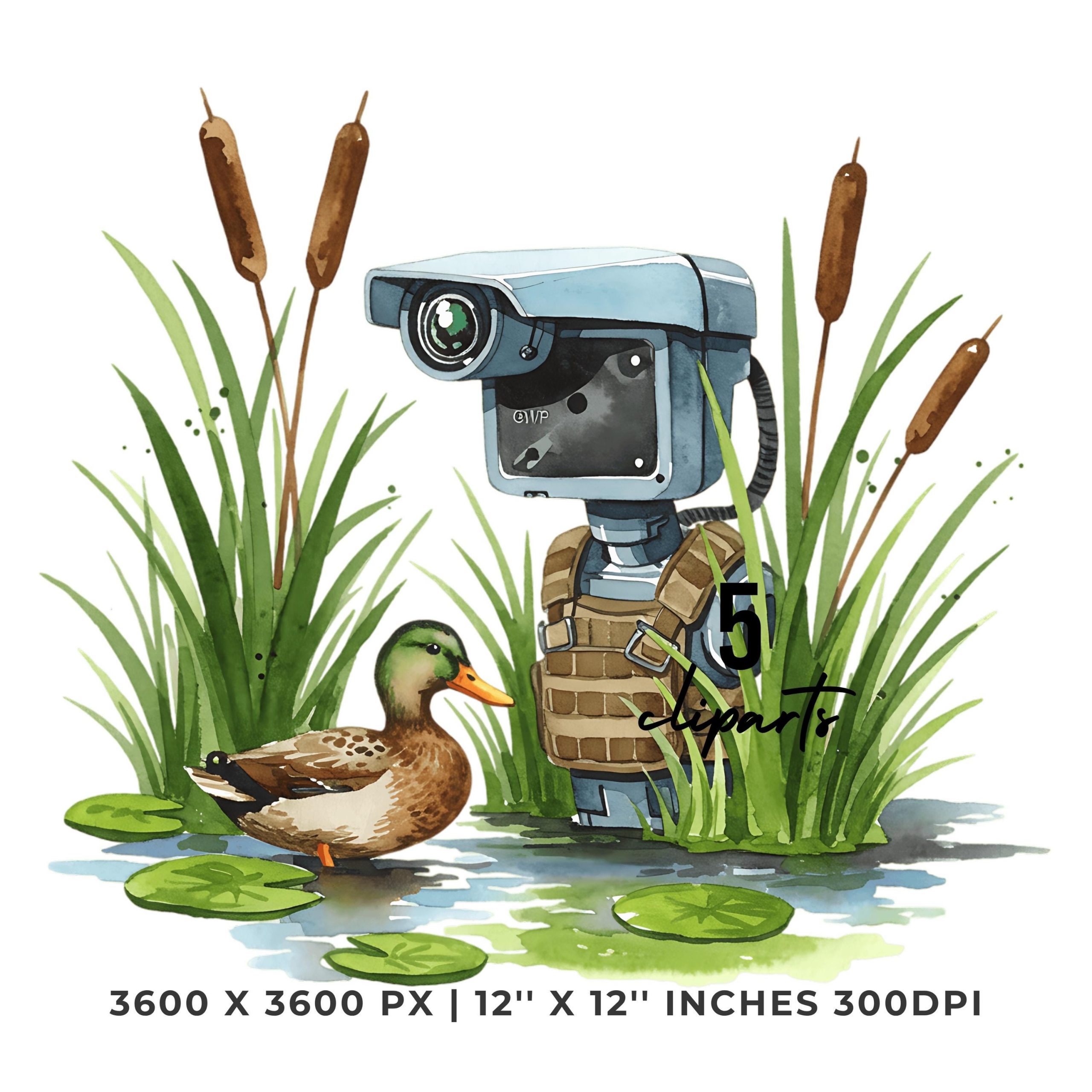 Robot Dog Duck Hunting Clipart | Tactical Robots in Nature with Ducks | 5 PNG & 5 JPG Sublimation Transparent Hi-Res Commercial Use – Instant Digital Download