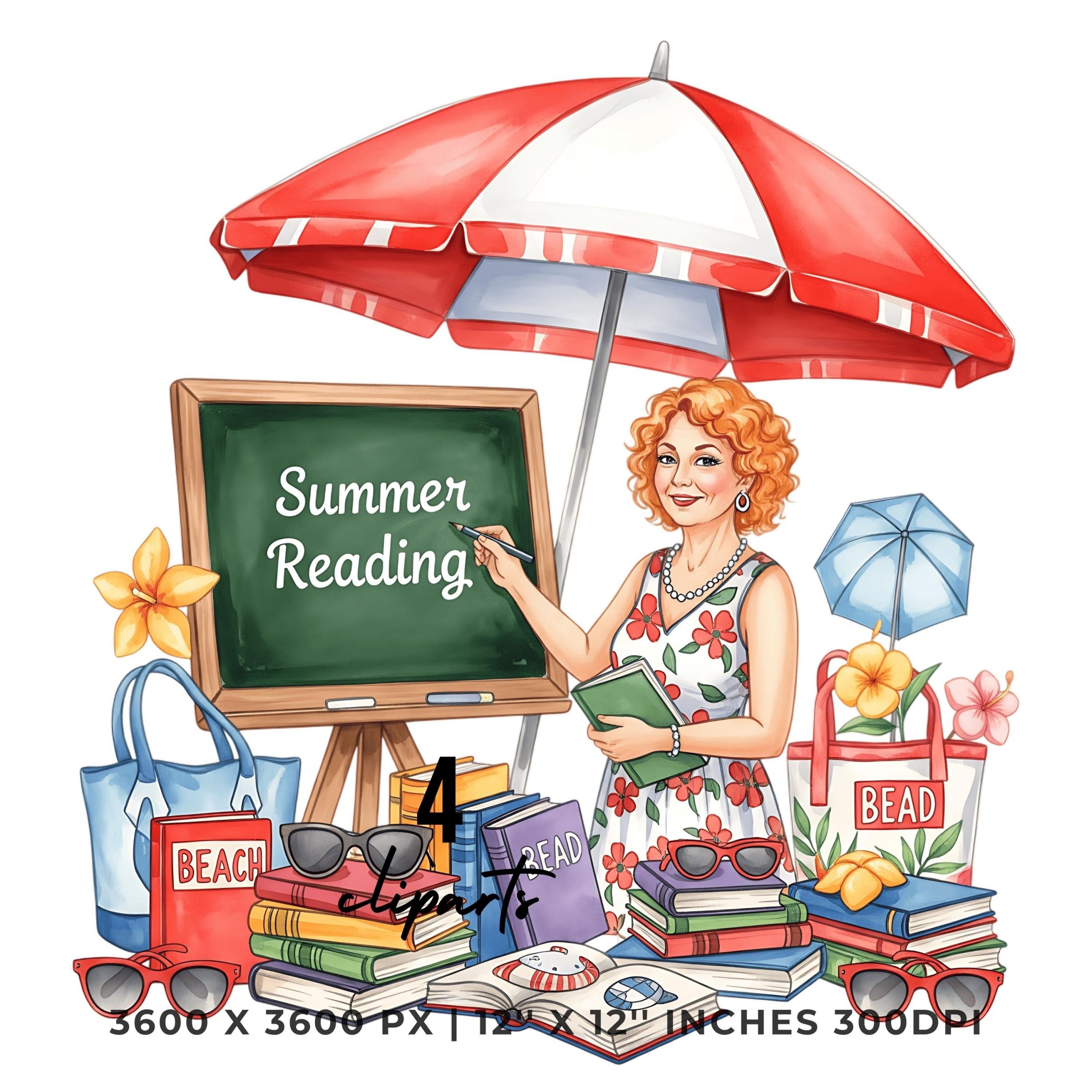 Summer Reading Clipart Bundle | Beach Teacher | Digital Download | 4 PNG & 4 JPG | Digital Stickers | 12″x12″ 300DPI Graphic Commercial Use – Instant Digital Download