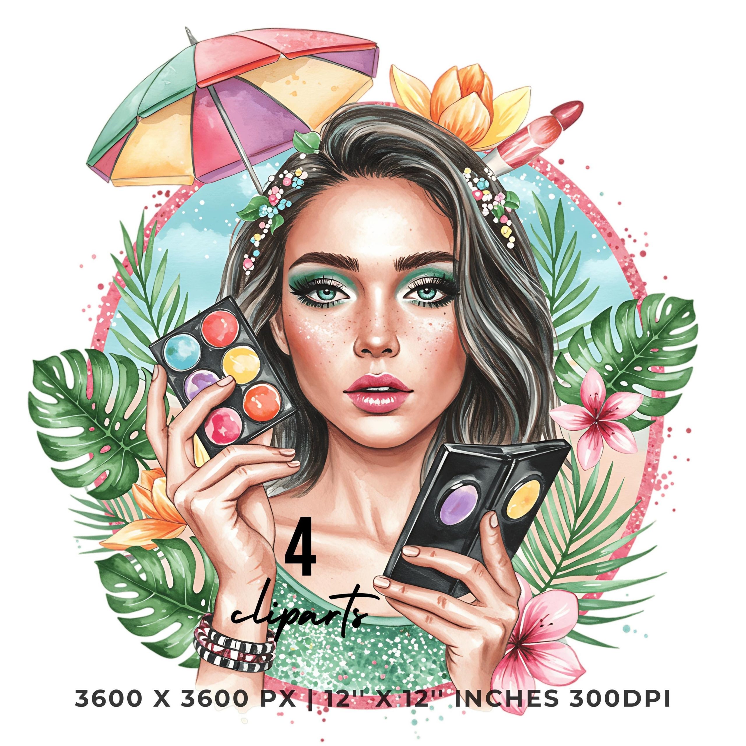 Tropical Beauty Clipart | Makeup Girl PNG | Summer Glam Clip Art Bundle | 4 PNG & 4 JPG | Digital Stickers | 12″x12″ 300DPI Commercial Use – Instant Digital Download