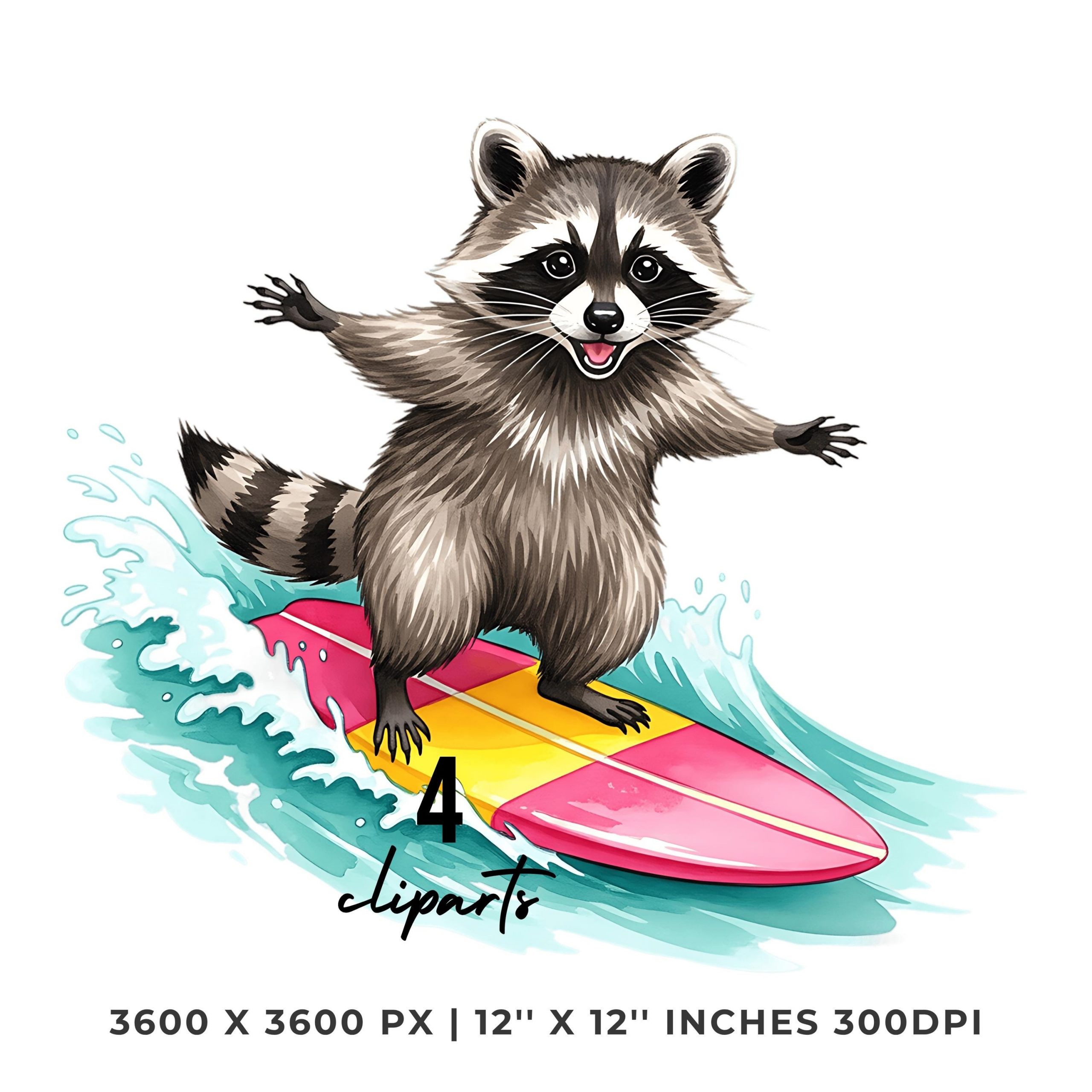 Surfing Raccoon Clipart Set | Summer Beach Animal Illustration | 4 PNG & 4 JPG | Digital Stickers | 12″x12″ 300DPI Graphic Commercial Use – Instant Digital Download