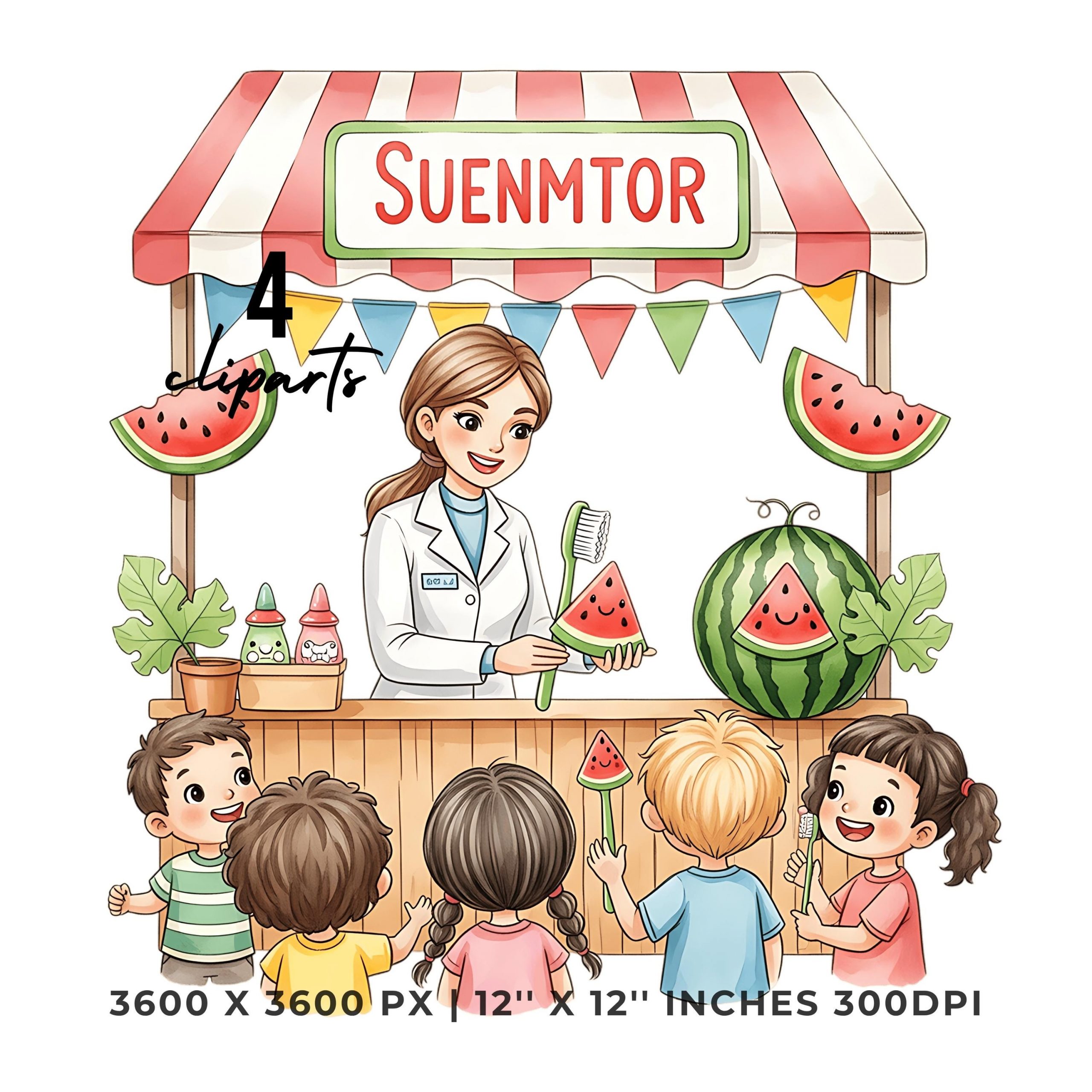 Watermelon Dentist Booth Clipart | Kids Dental Fair | 4 PNG & 4 JPG | Digital Stickers | 12″x12″ 300DPI Commercial Use – Instant Digital Download