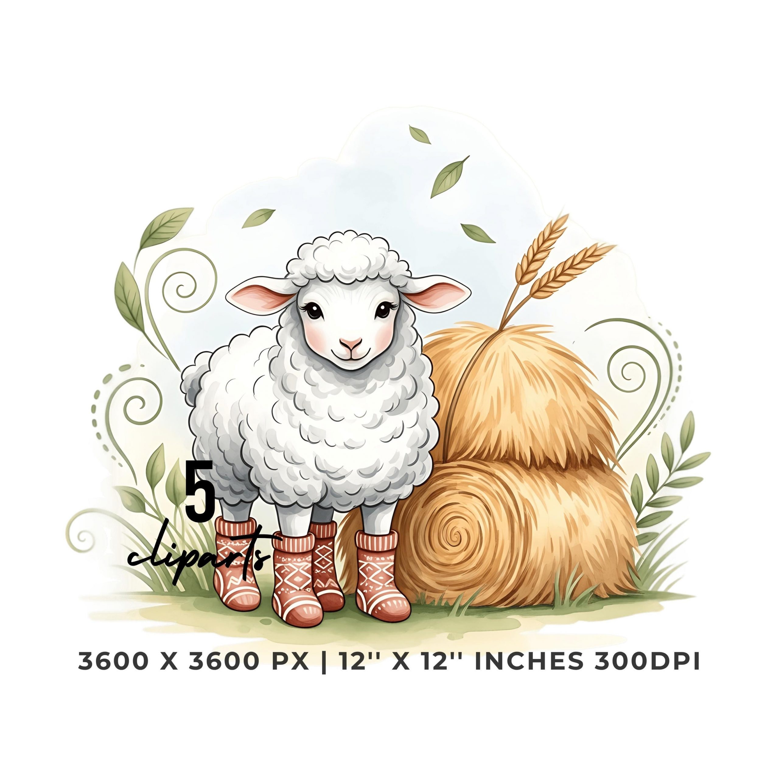 Cute Sheep in Cozy Socks with Haystack Clipart | Farm Animal Autumn | 5 PNG & 5 JPG | 12″x12″ 300 DPI for Sublimation | Commercial Use – Instant Digital Download