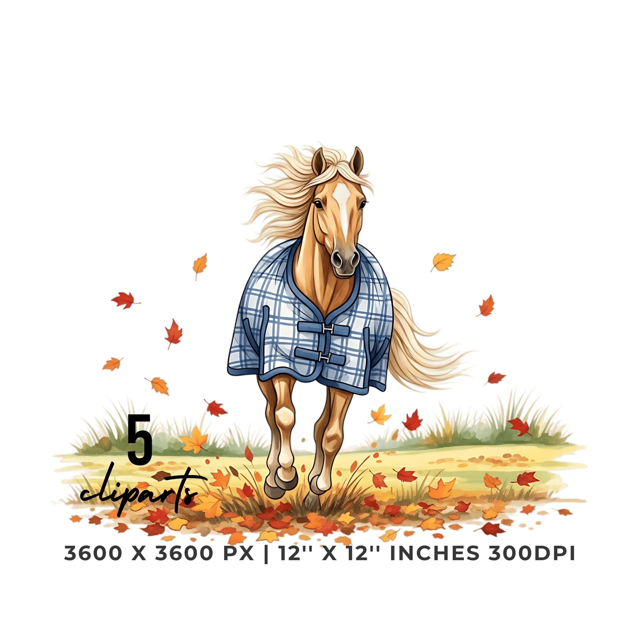 Horse in Cozy Plaid Blanket Galloping Through Autumn Leaves – Fall Clipart 5 PNG 5 JPG | 12″x12″ 300DPI |  for Sublimation Commercial Use – Instant Digital Download