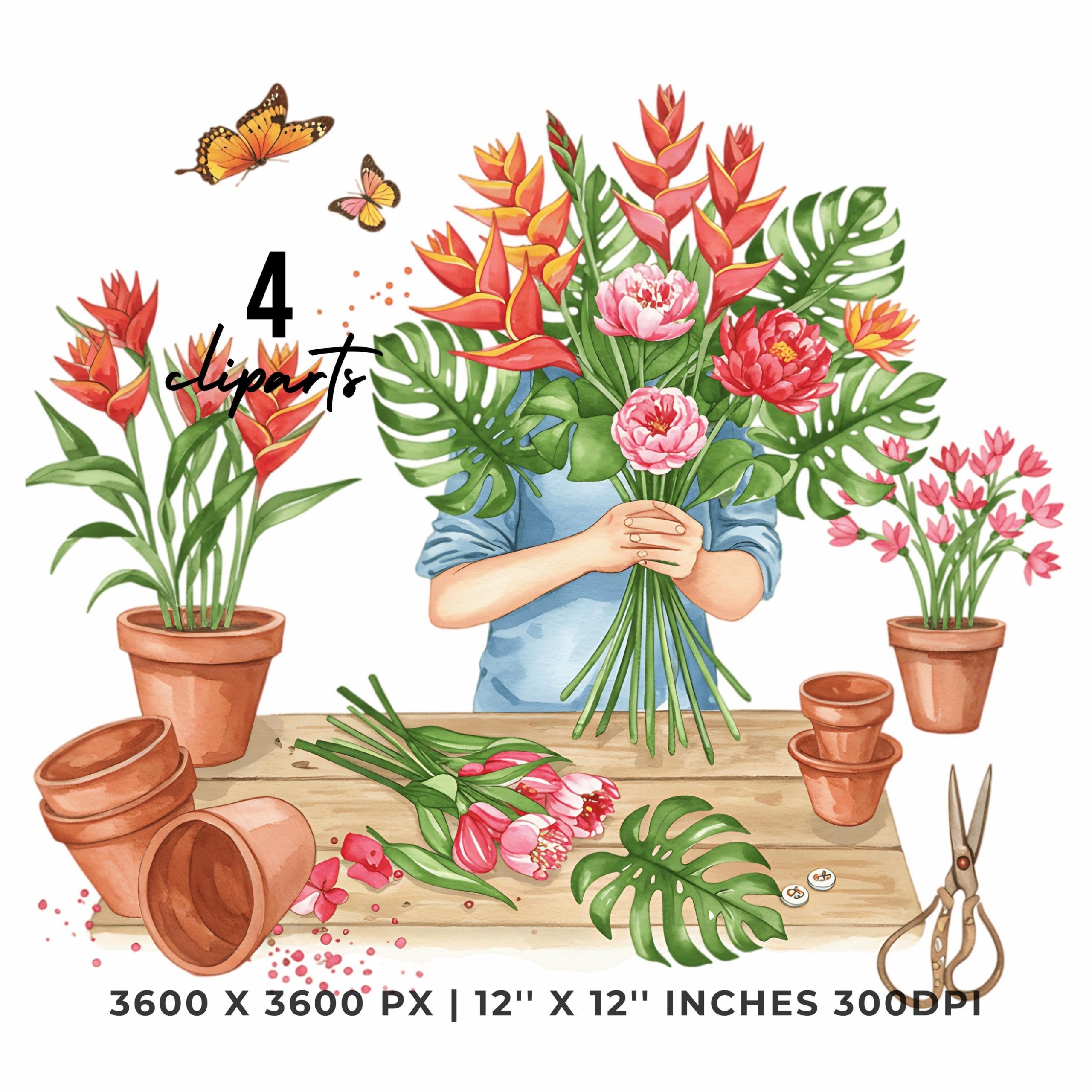 Florist Tropical Flowers Clipart PNG | Summer Bouquet Making | 4 PNG & 4 JPG | Sublimation Design | 12″x12″ 300DPI Graphic Commercial Use – Instant Digital Download